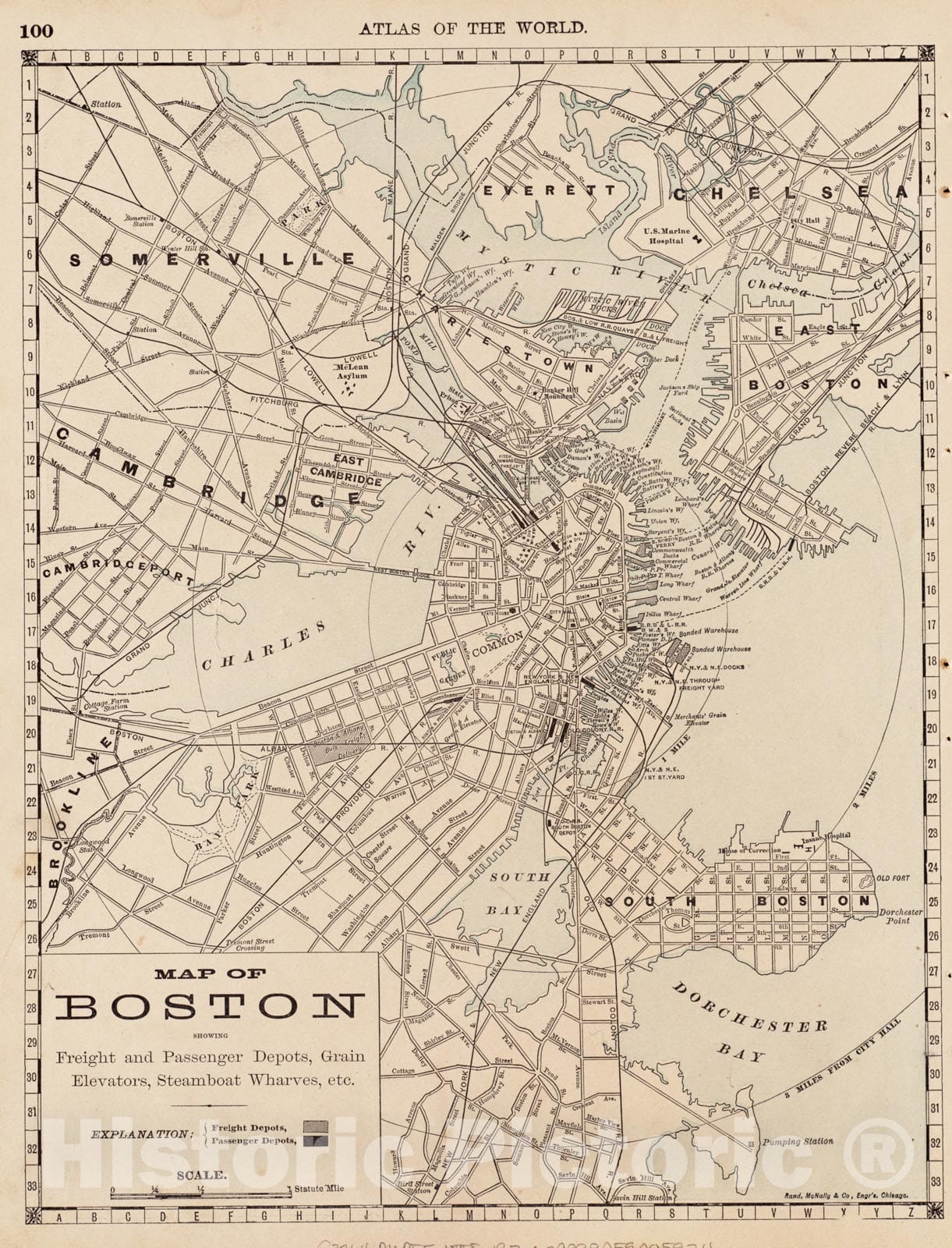 Historical Map, 1888 Map of Boston : showing freight and passenger depots, grain elevators, steamboat wharves, etc, Vintage Wall Art