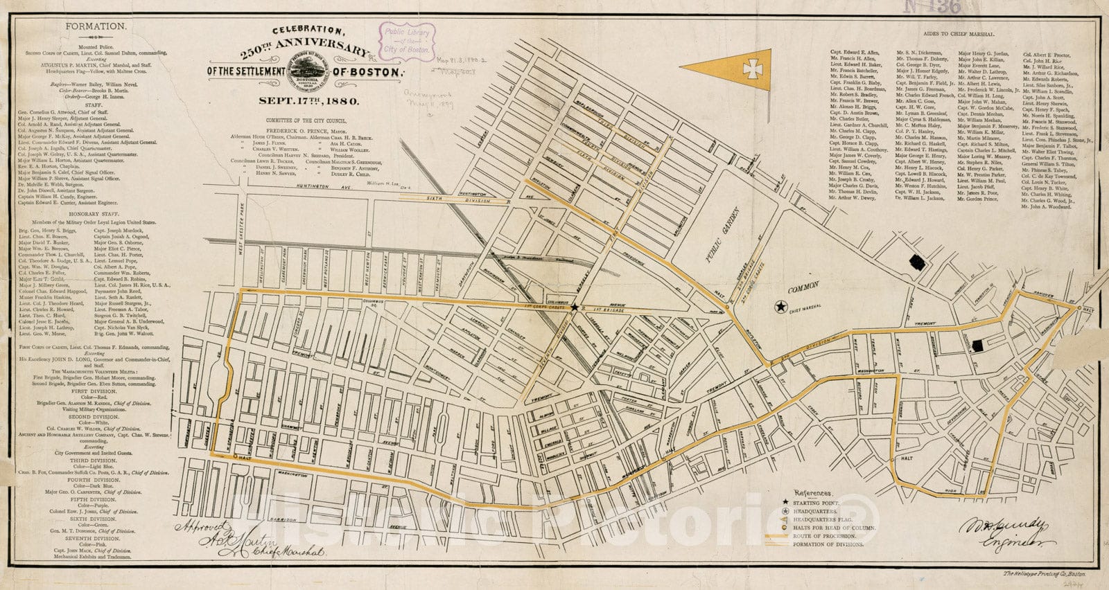 Historical Map, Celebration, 250th Anniversary of The Settlement of Boston, Sept. 17th, 1880, Vintage Wall Art