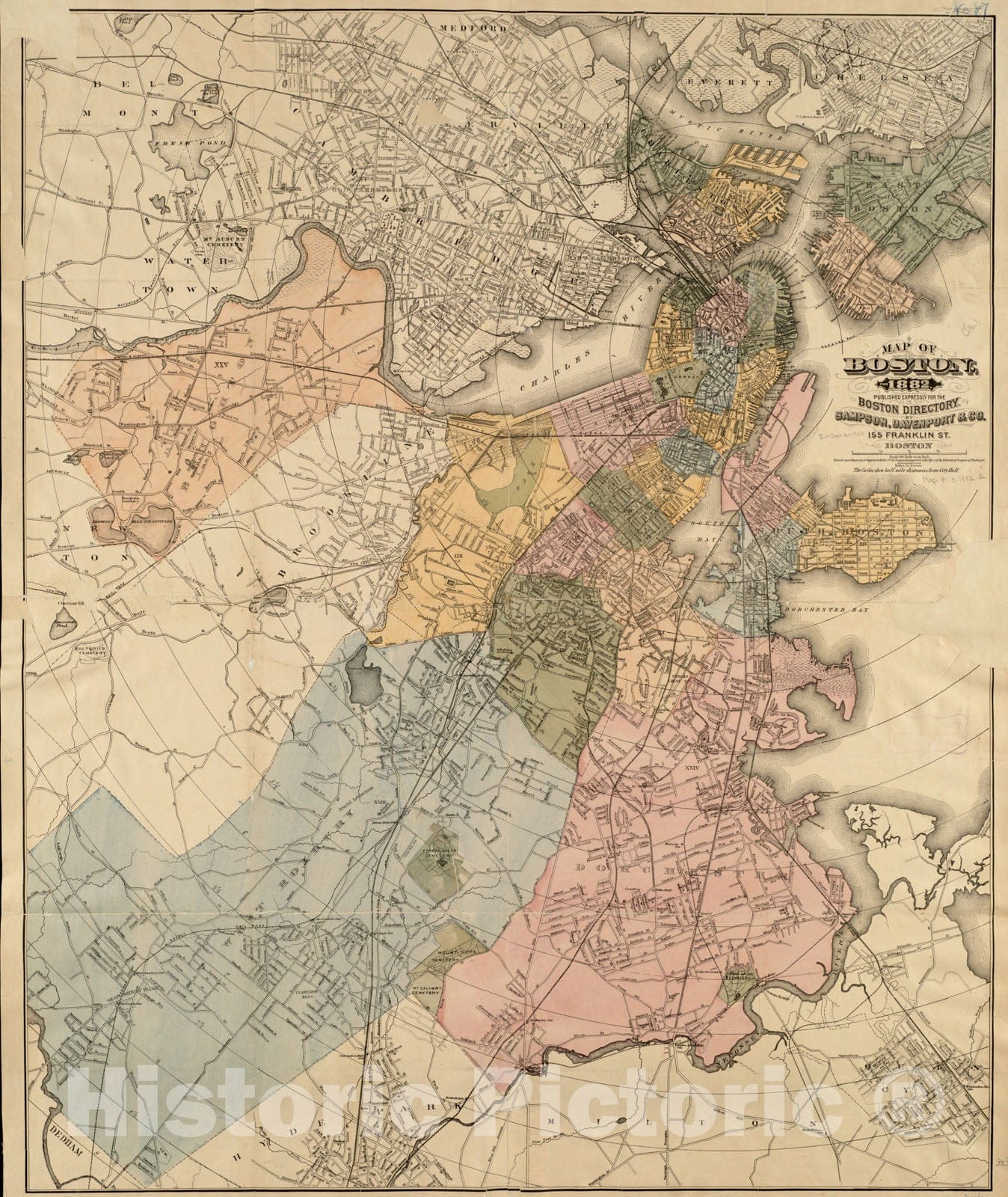 Historical Map, Map of Boston, for 1882, Vintage Wall Art