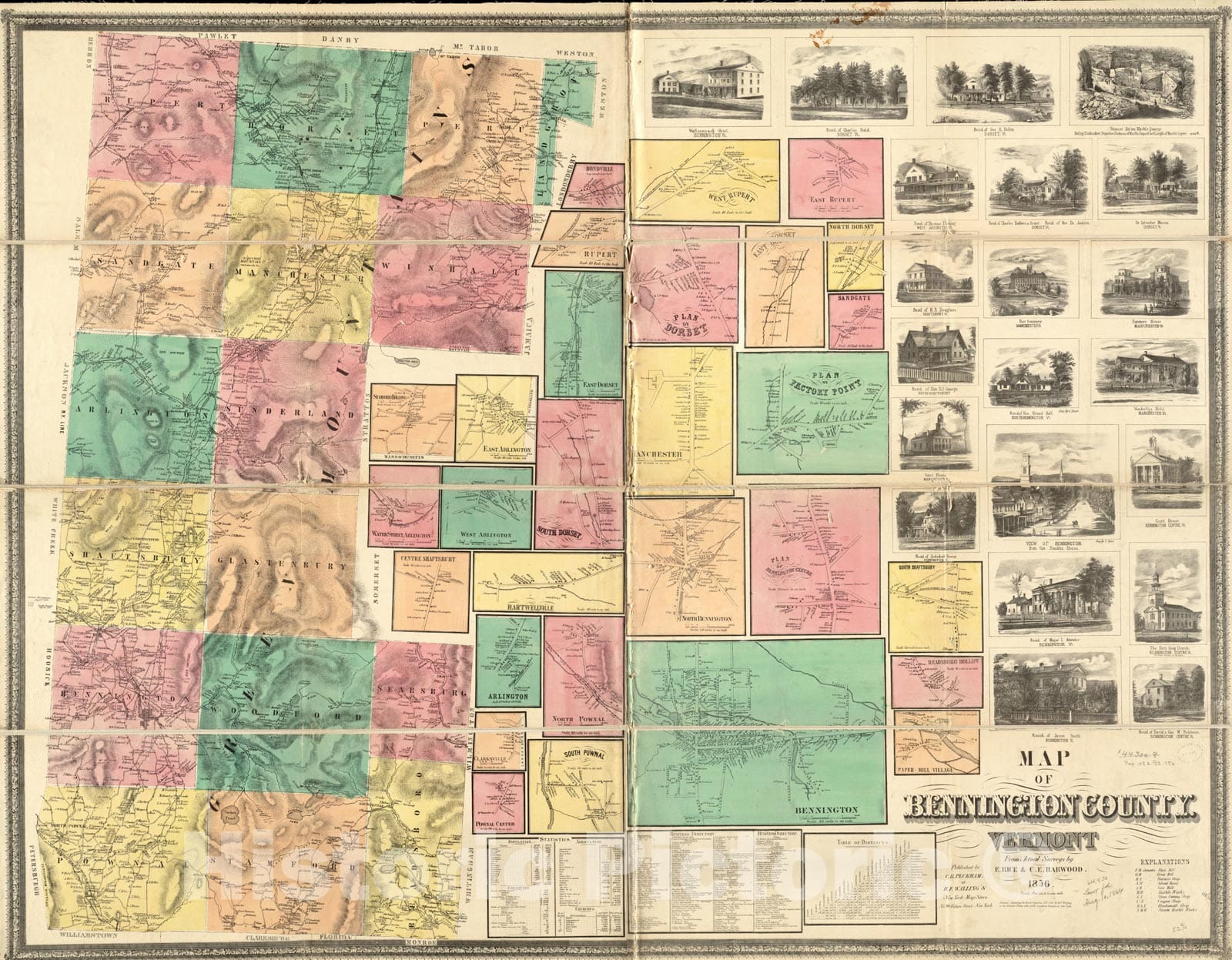 Historical Map, 1856 Map of Bennington County, Vermont, Vintage Wall Art