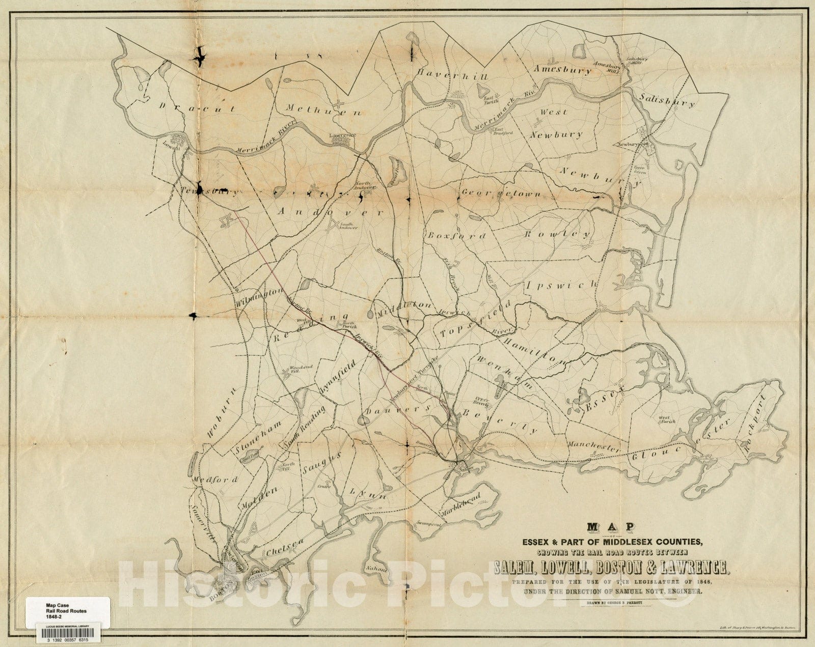 Historical Map, 1848 Map of parts of Essex & part of Middlesex counties, showing the rail road routes between Salem, Lowell, Boston & Lawrence, Vintage Wall Art