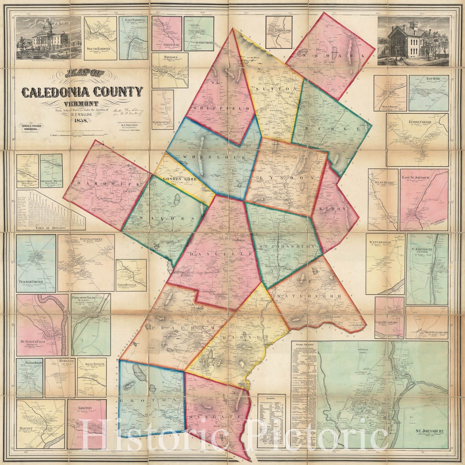 Historical Map, 1858 Map of Caledonia County, Vermont, Vintage Wall Art