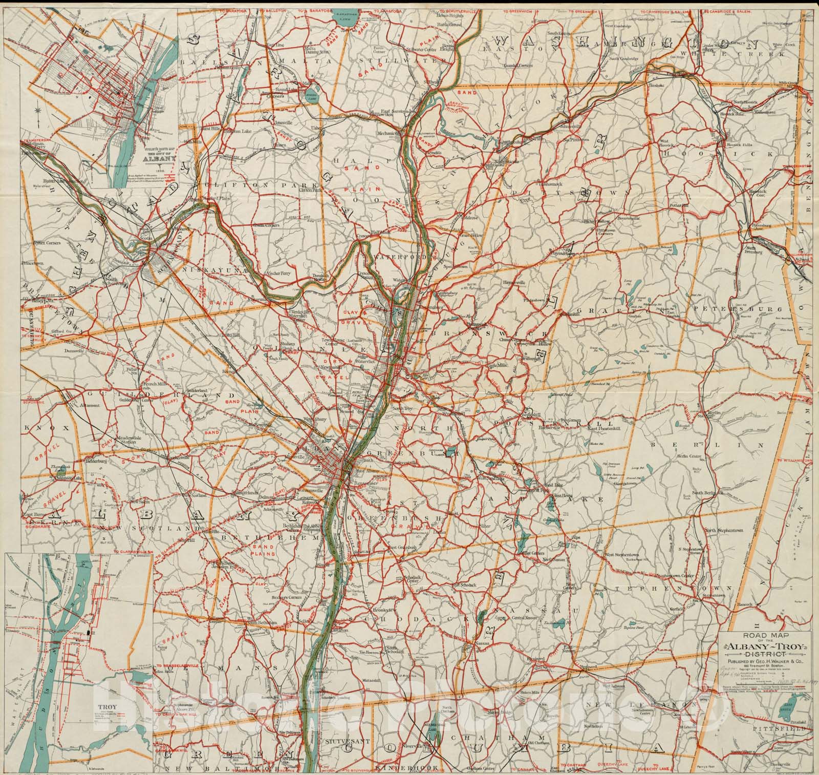 Historical Map, 1898 Road map of The Albany-Troy District, Vintage Wall Art