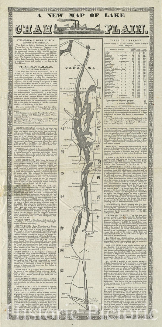 Historical Map, 1845 A New map of Lake Champlain, Vintage Wall Art