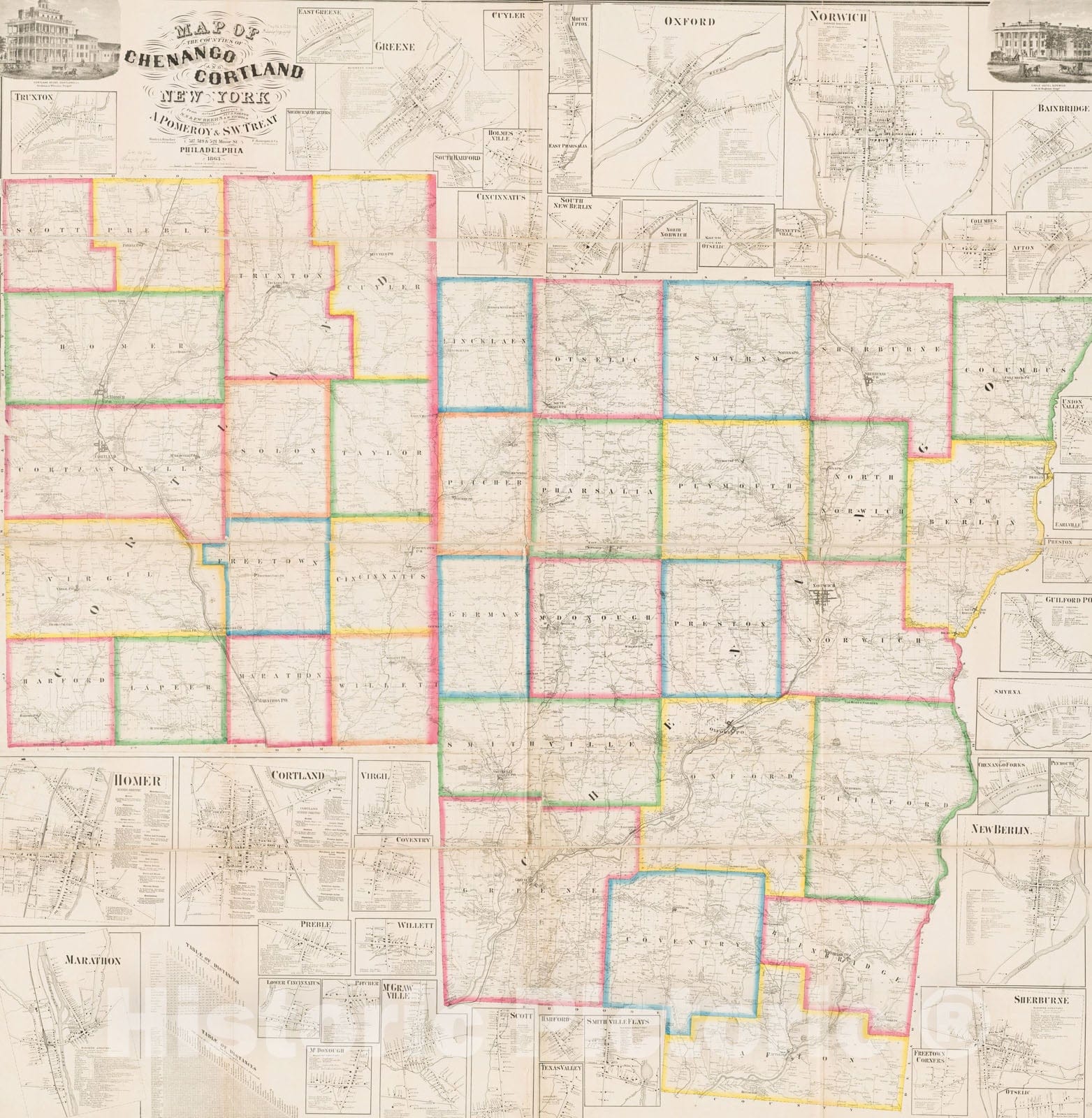 Historical Map, 1863-1863 Map of The Counties of Chenango and Cortland, New York : from Actual surveys, Vintage Wall Art