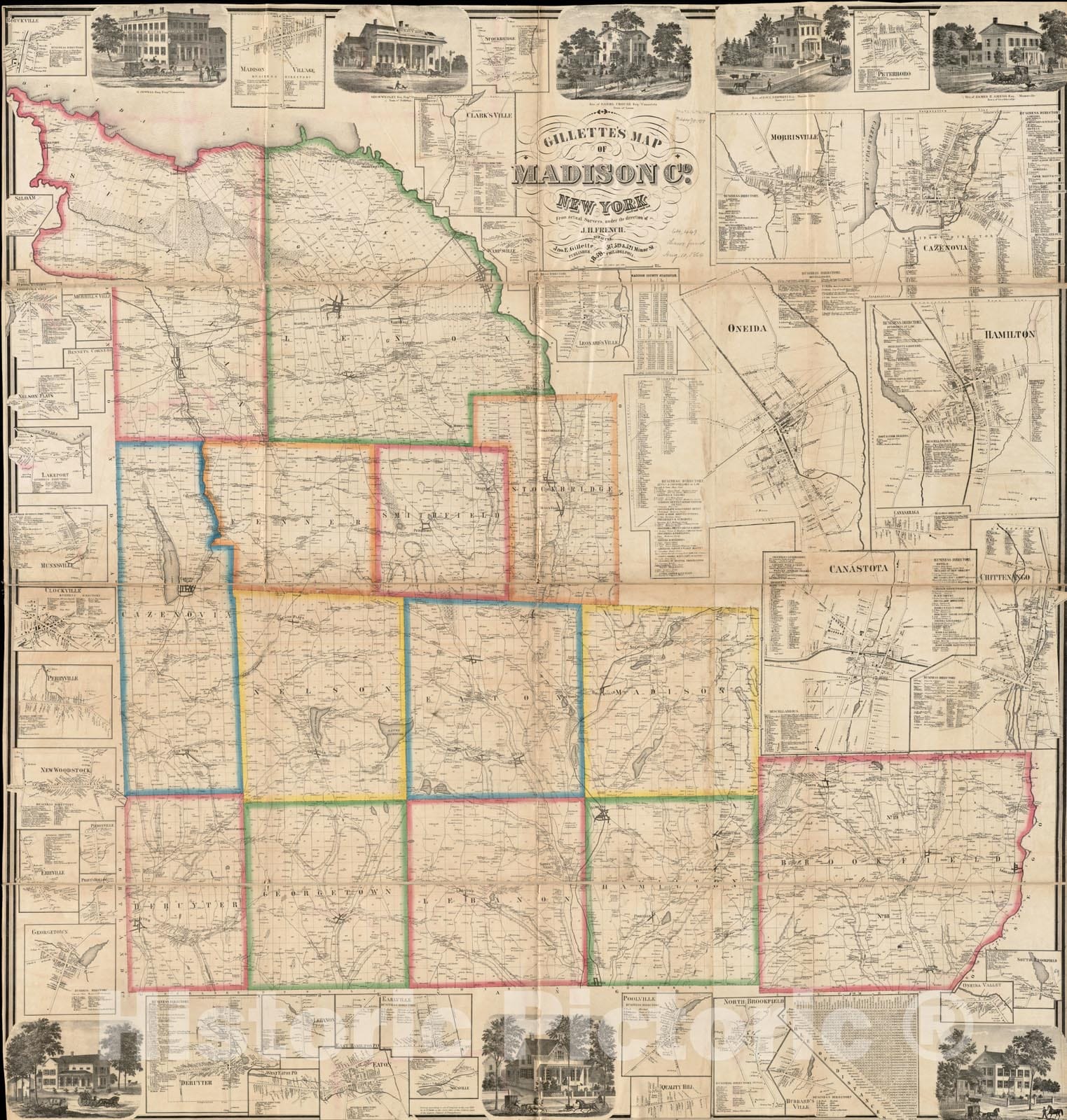 Historical Map, 1859 Gillette's map of Madison Co, New York : from Actual surveys, Vintage Wall Art