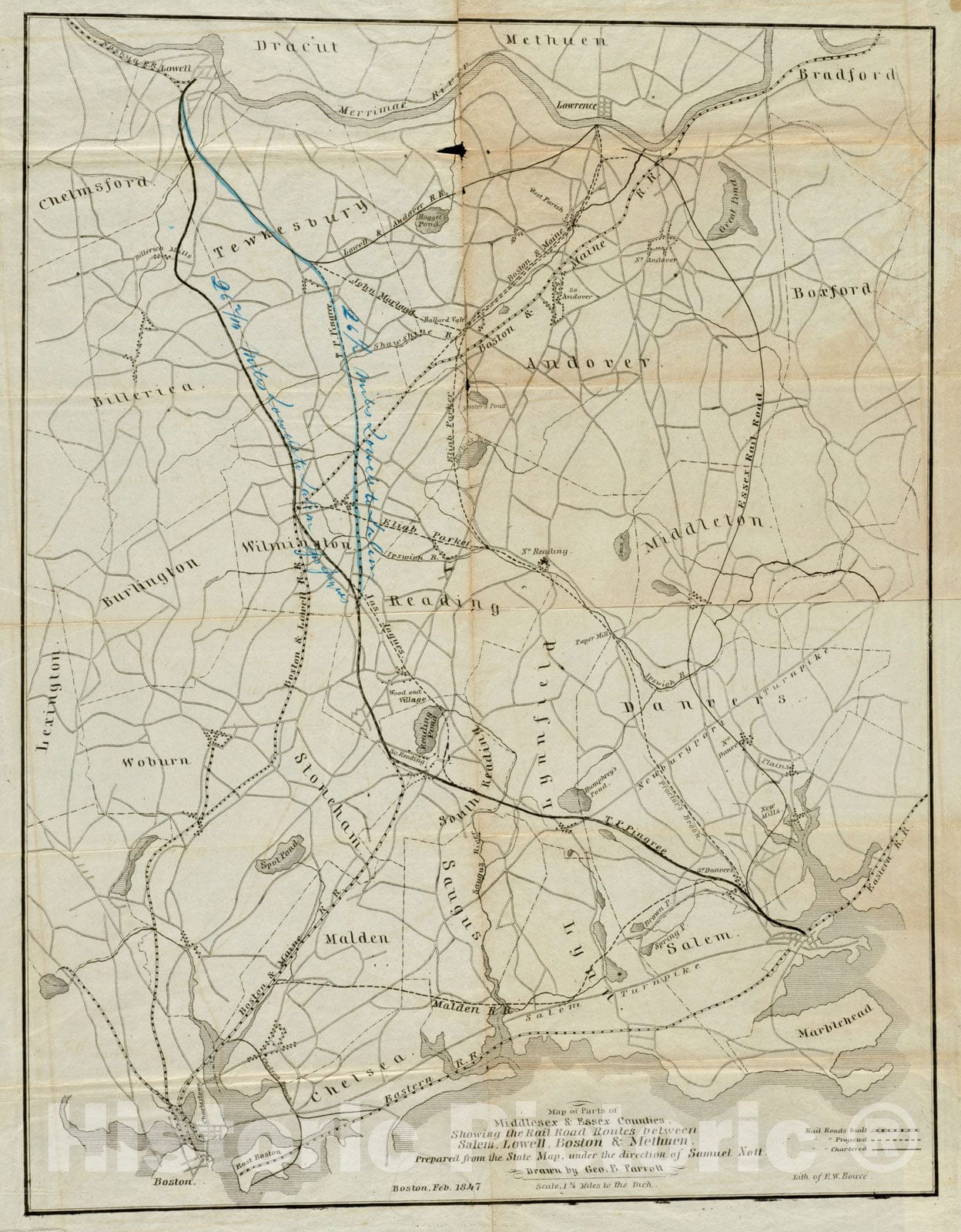 Historical Map, 1847 Map of Parts of Middlesex & Essex Counties Showing The Rail Road Routes Between Salem, Lowell, Boston & Methuen, Vintage Wall Art
