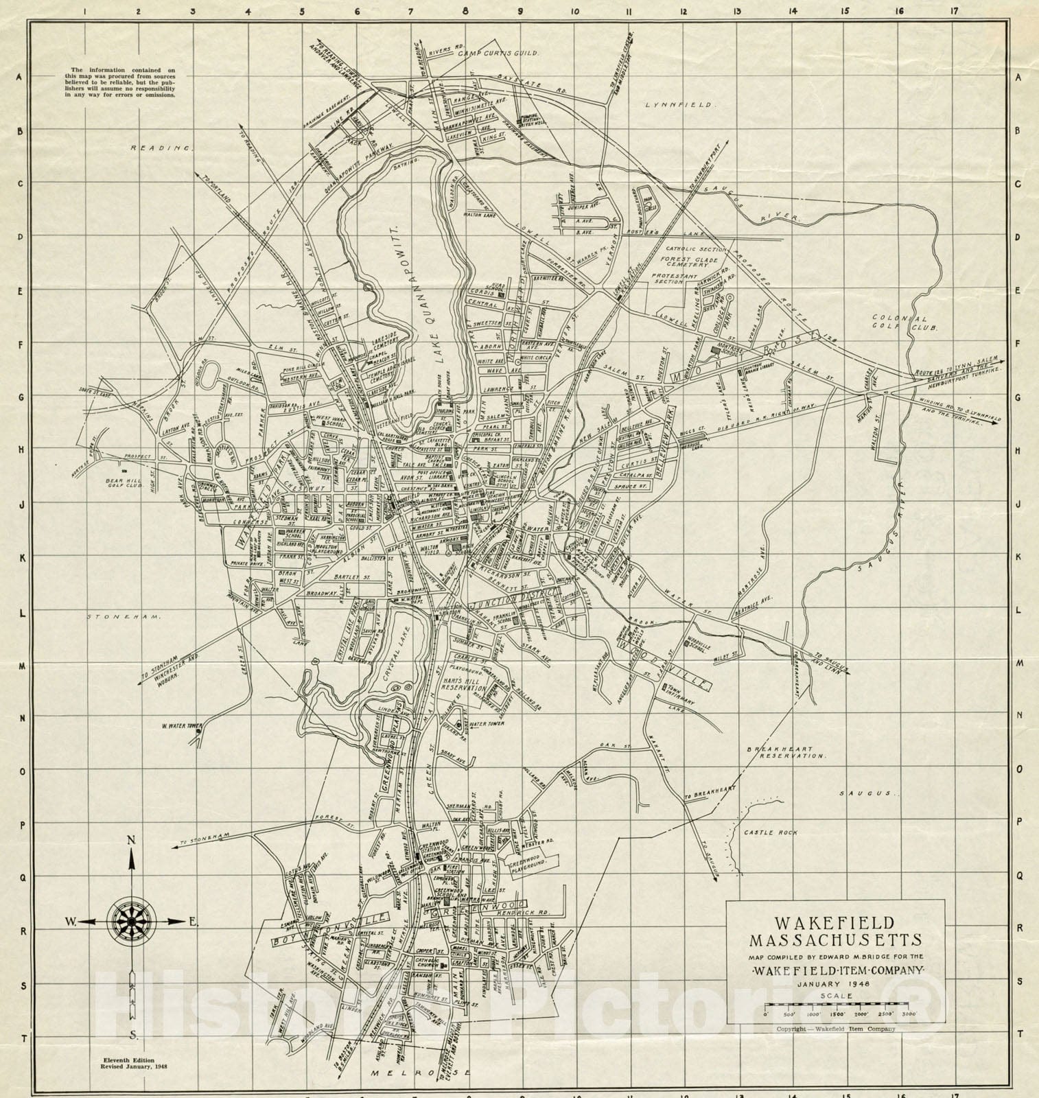 Historical Map, 1948 Wakefield, Massachusetts, Vintage Wall Art