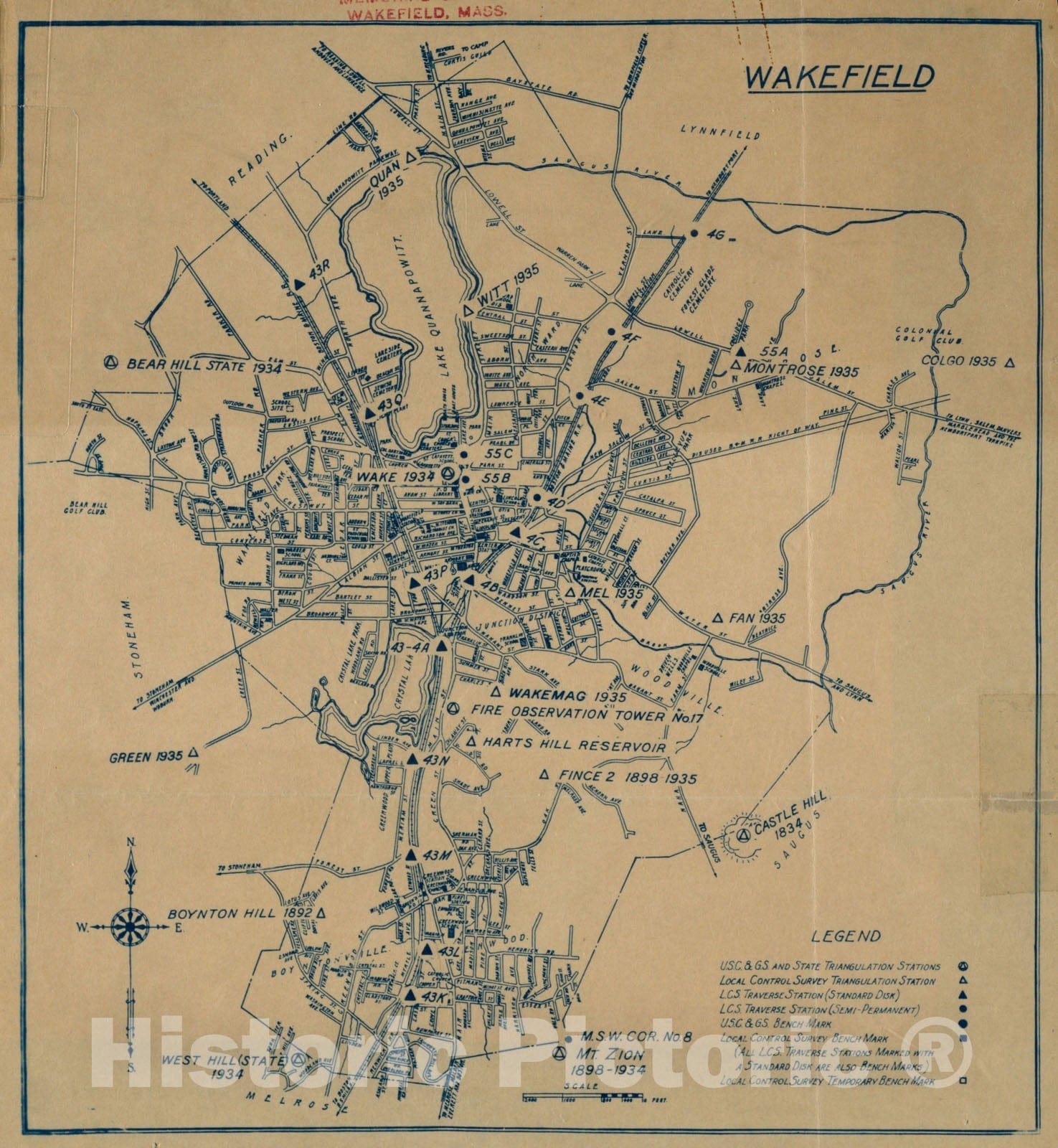 Historical Map, 1936 Wakefield, Massachusetts, Vintage Wall Art