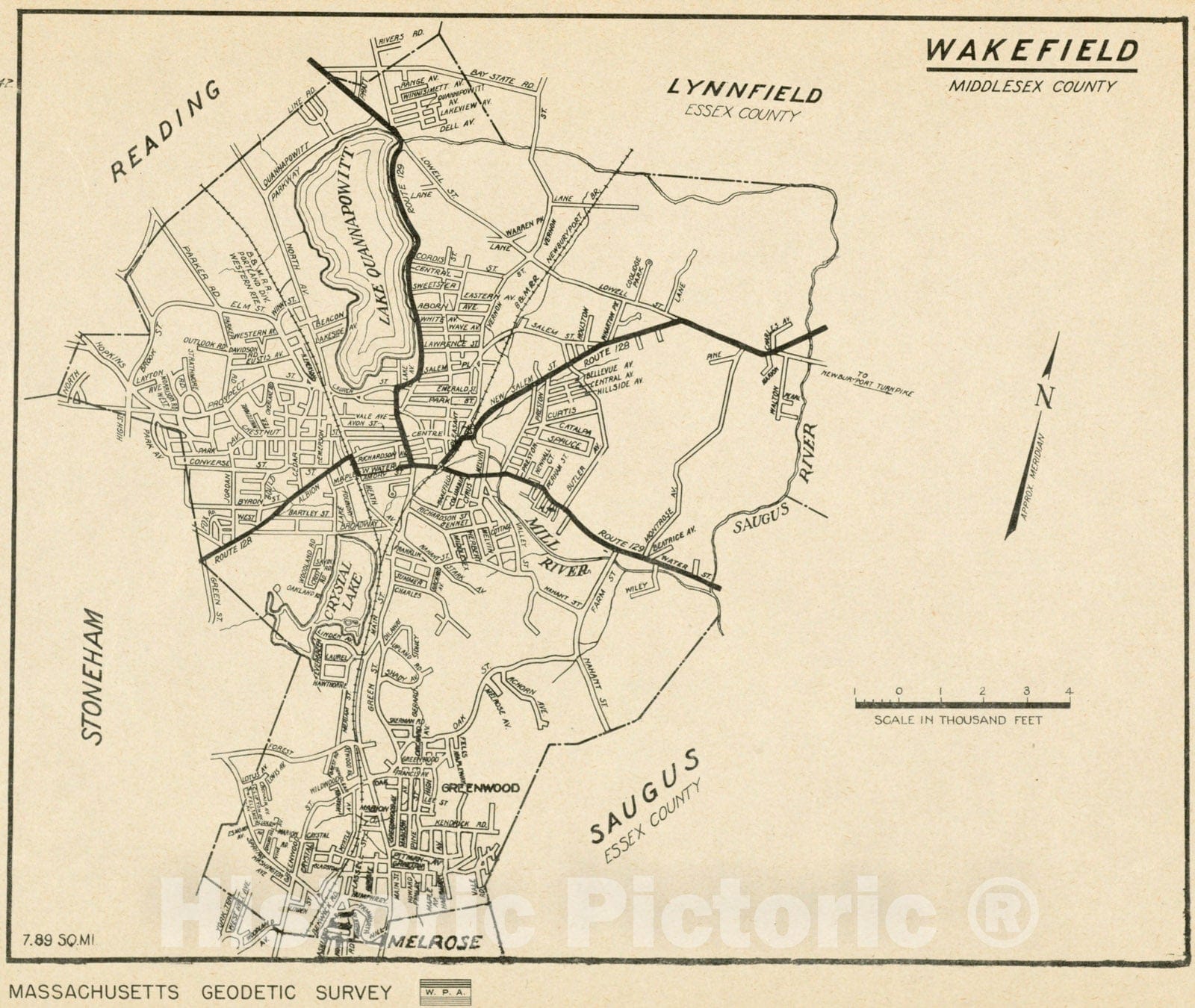 Historical Map, 1930-1939 Wakefield, Massachusetts, Vintage Wall Art