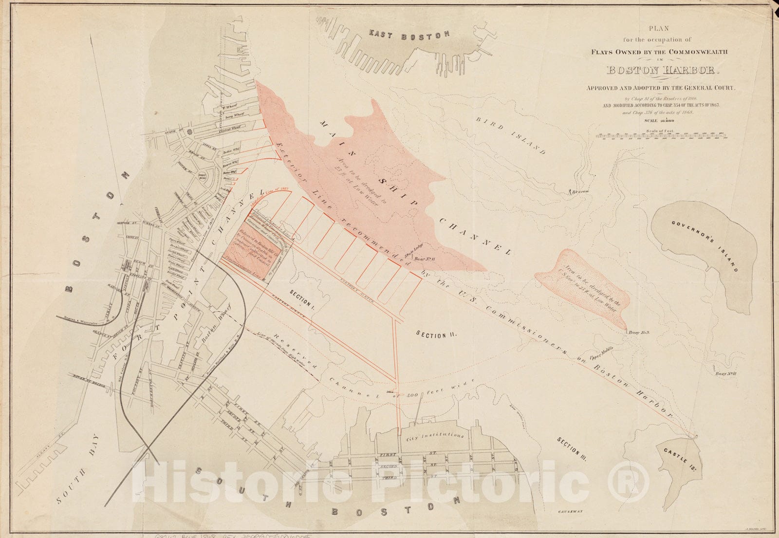 Historical Map, 1868 Plan for The Occupation of Flats Owned by The Commonwealth in Boston Harbor, Vintage Wall Art