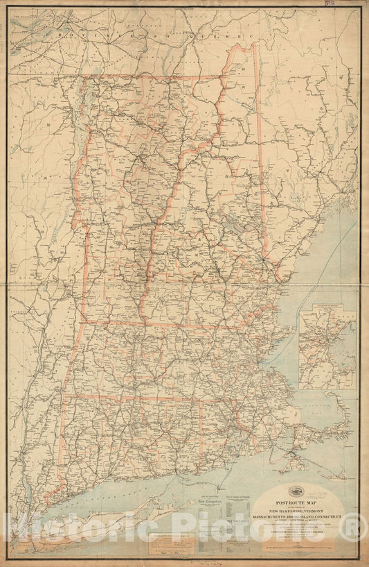 Historical Map, Post Route map of The States of New Hampshire, Vermont, Massachusetts, Rhode Island, Connecticut and Parts of New York and Maine : Showing Post Office, Vintage Wall Art