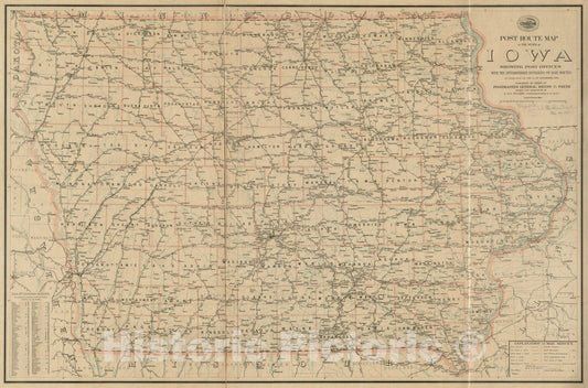 Historical Map, Post Route map of The State of Iowa Showing Post Offices with The Intermediate Distances on Mail Routes in Operation on The 1st of December, 1903, Vintage Wall Art
