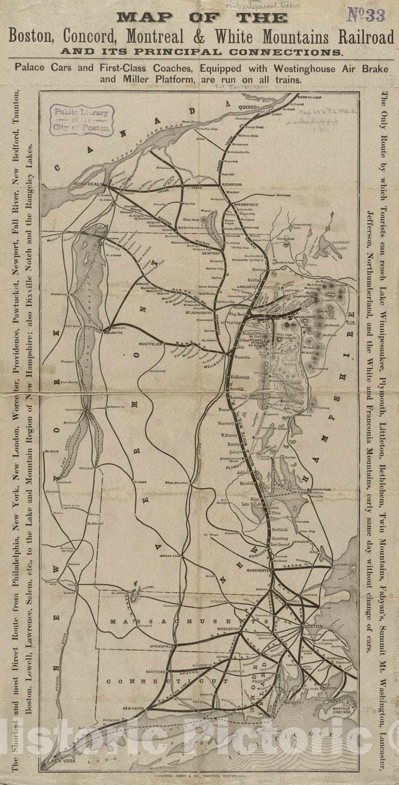 Historical Map, 1882 Map of the Boston, Concord, Montreal & White Mountains Railroad and its principal connections, Vintage Wall Art