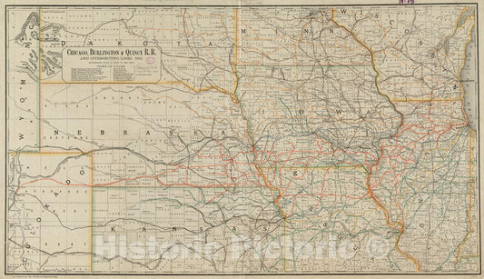 Historical Map, 1883 Chicago, Burlington & Quincy R.R. and intersecting Lines, Vintage Wall Art