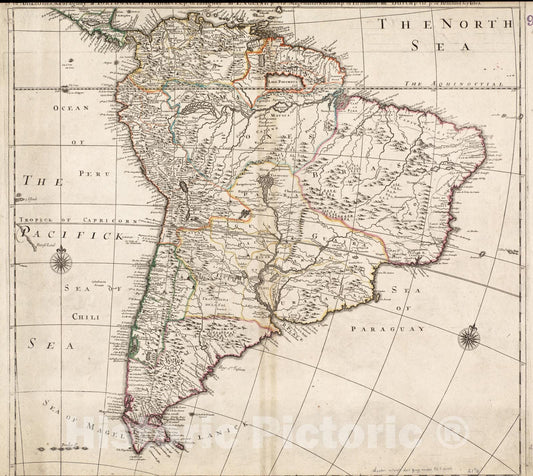 Historical Map, c.1684 South America Divided into its IIII principall Parts : I Spanish Part: vizt. Firmland, Guiana, Peru, Chili, pt of The Country of Amazones, Paraguay: Reprint