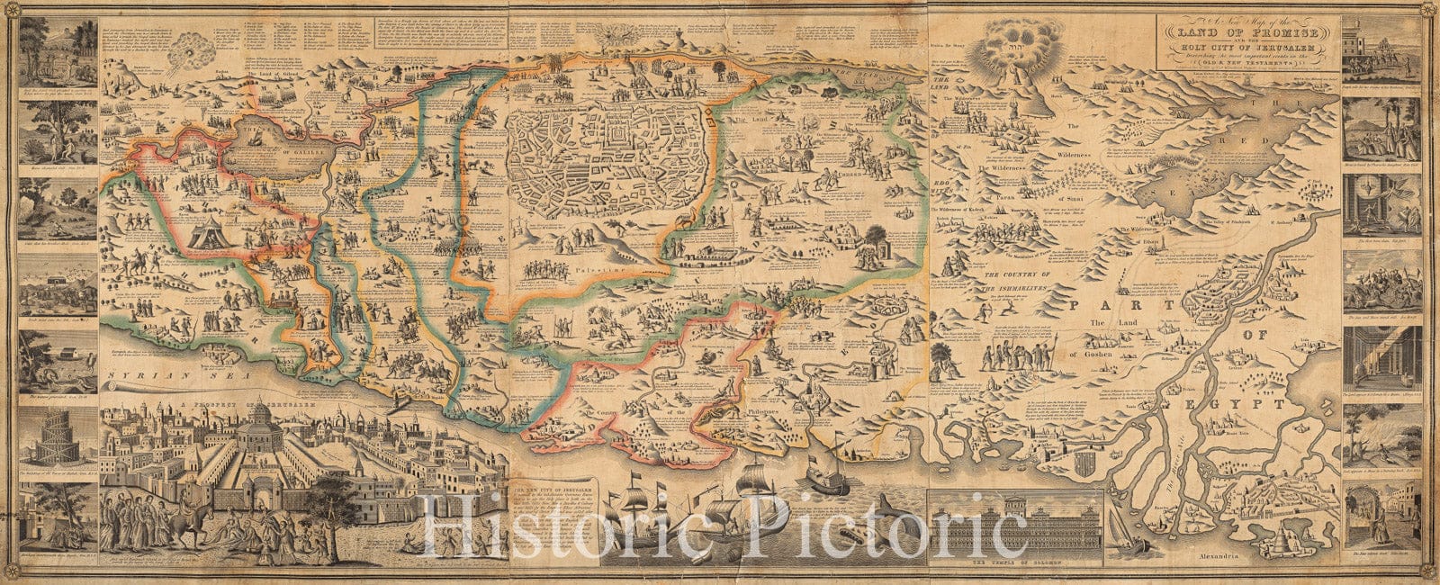 Historical Map, 1823 A New map of The Land of Promise and The holy City of Jerusalem Describing The Most Important Events in The Old & New Testaments, Vintage Wall Art