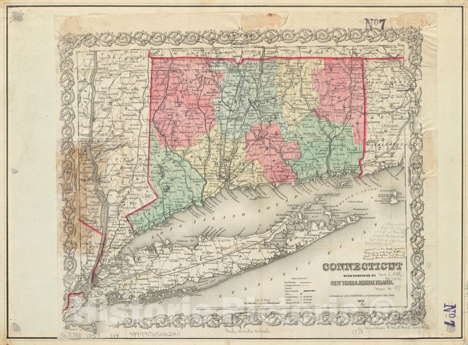 Historical Map, 1857 Connecticut with portions of New York & Rhode Island, Vintage Wall Art