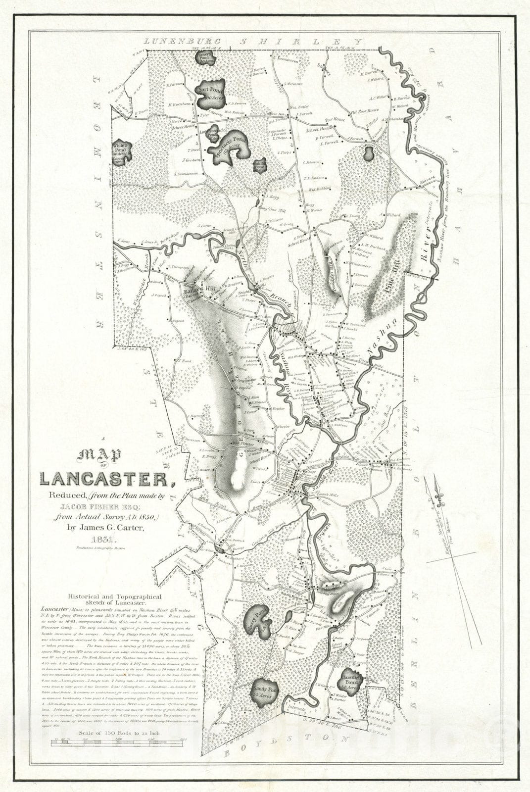 Historical Map, 1851 A map of Lancaster, Vintage Wall Art