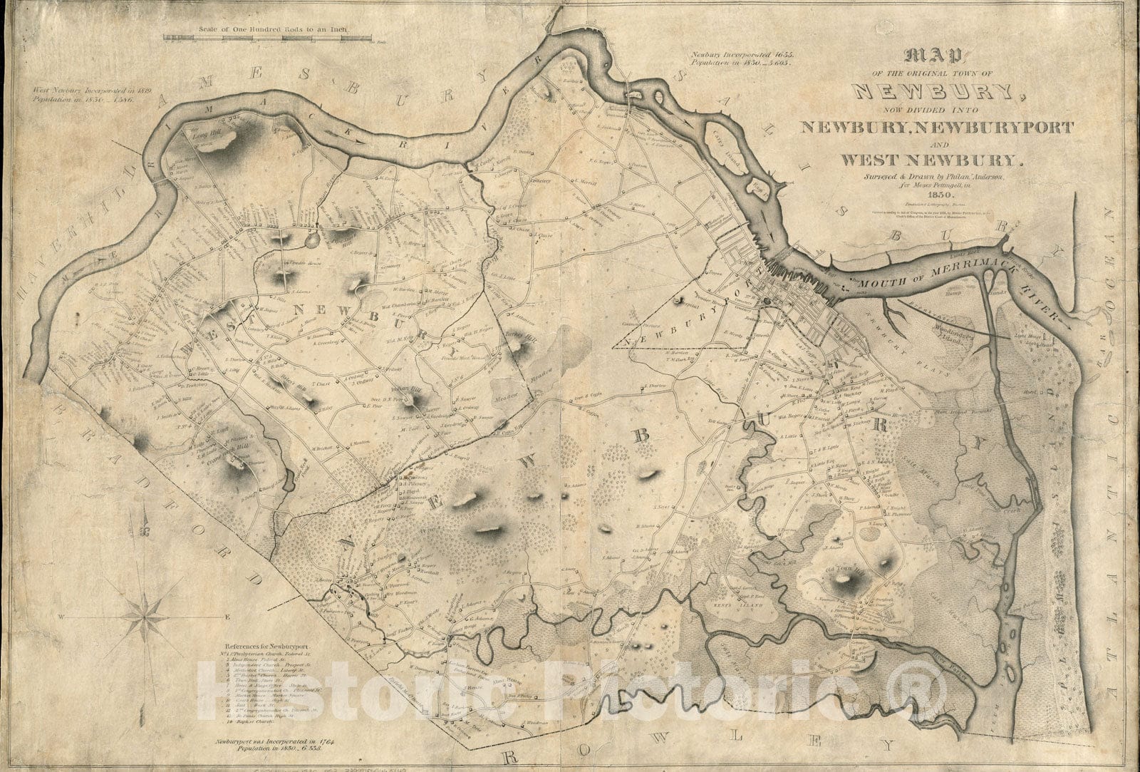 Historical Map, 1831 Map of The Original Town of Newbury, Now Divided into Newbury, Newburyport and West Newbury, Vintage Wall Art