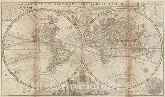 Historical Map, 1727-1739 A New and Correct map of The World, Laid Down According to The Newest Discoveries, and from The Most Exact observations, Vintage Wall Art