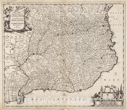 Historical Map, ca. 1680 Accuratissima principatus Cataloniae, et comitatuum Ruscinonis, et Cerretaniae descriptio, Vintage Wall Art