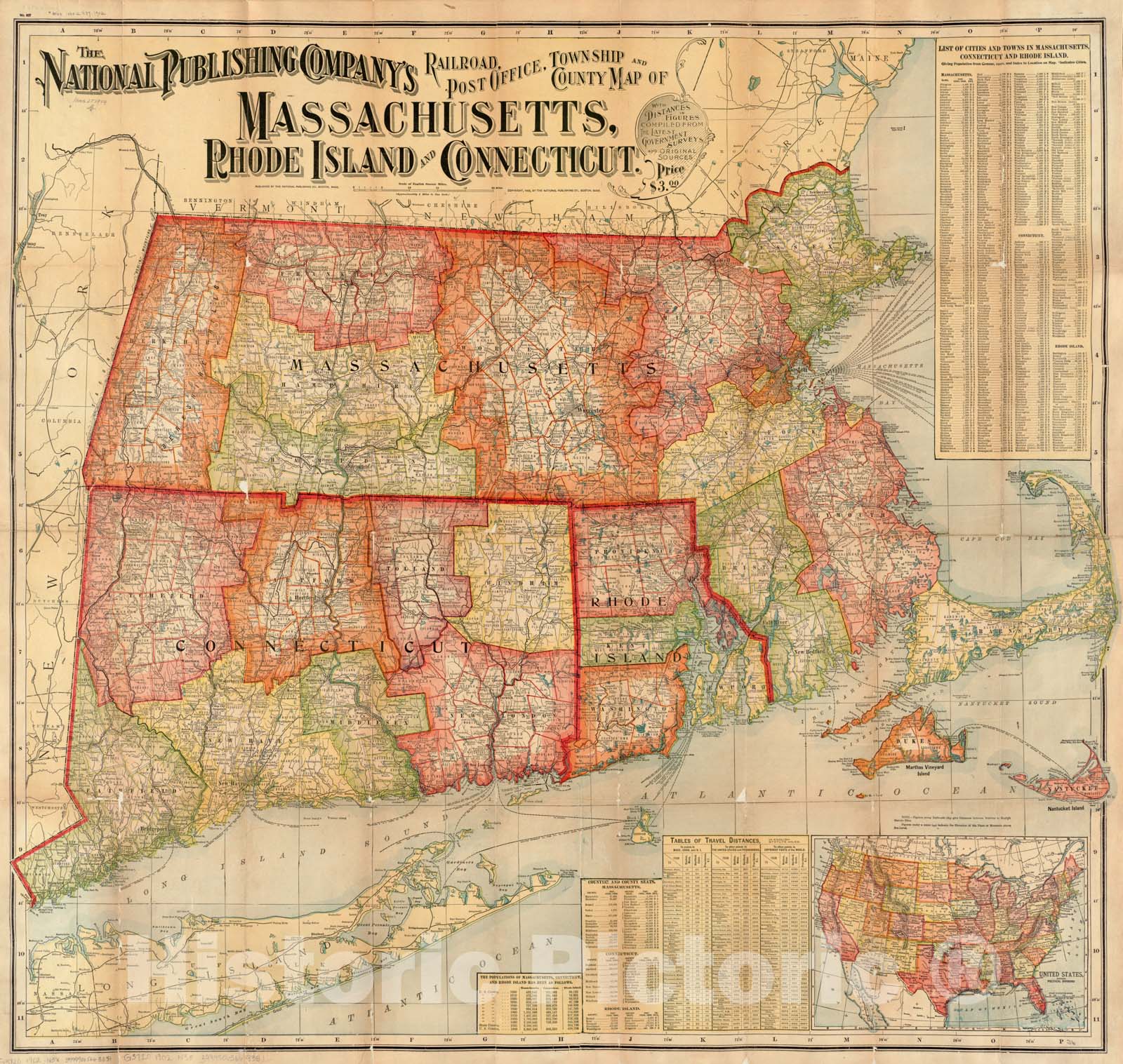 Historical Map, c.1902 The National Publishing Company's Railroad, Post Office, Township and County map of Massachusetts, Rhode Island and Connecticut, Vintage Wall Art