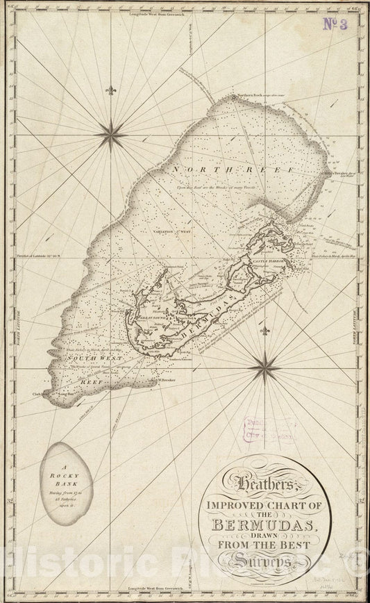 Historical Map, 1805 Heathers, Improved Chart of The Bermudas, Drawn from The Best surveys, Vintage Wall Art