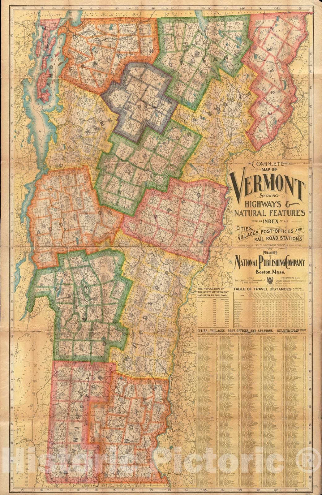 Historical Map, c.1902 Complete map of Vermont Showing Highways & Natural Features with an Index of All Cities, Villages, Post-Offices and Railroad Stations, Vintage Wall Art