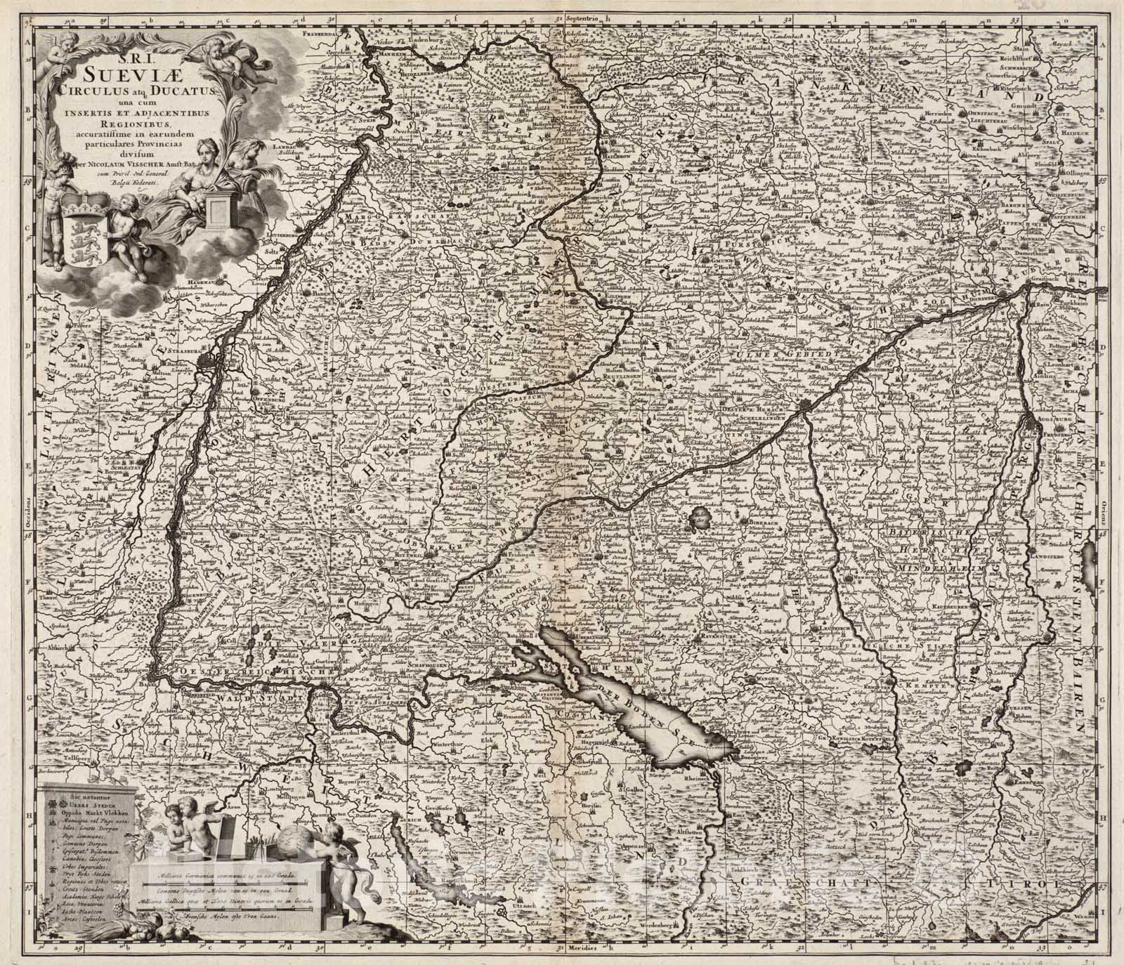 Historical Map, c.1705 S.R.I. Sueviae Circulus atq[ue] Ducatus UNA Cum insertis et adjacentibus Regionibus, accuratissime in earundem particulares provincias divisum, Vintage Wall Art