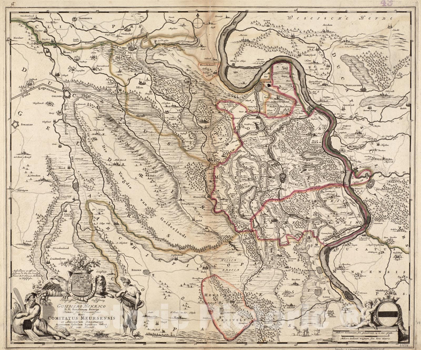 Historical Map, 1690 Illustrissimo Celsissimoque Principii Guiljelmo Henrico D.G. Arausionum Principi Domino SUO Clementissimo hanc Comitatus Meursensis et annexarum dinastiarum Reprint