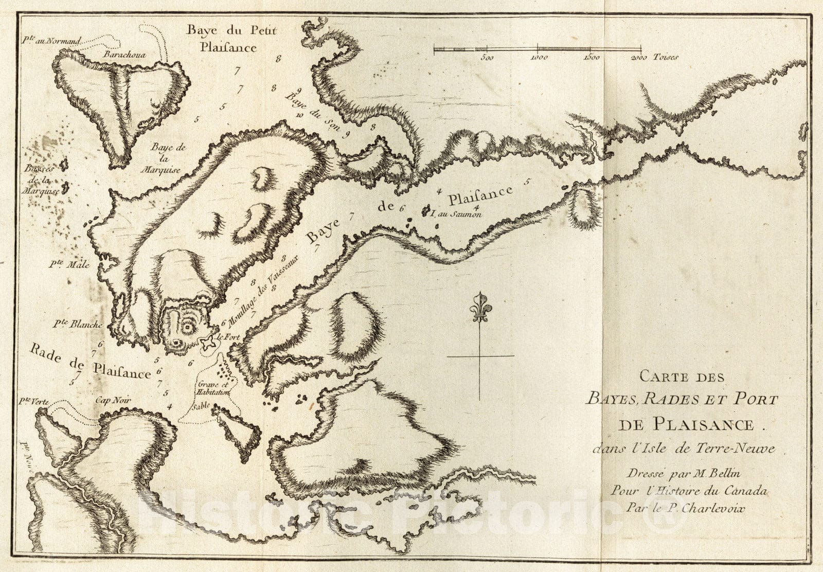 Historical Map, 1755 Carte des bayes, rades, et Port de Plaisance Dans l'isle de Terre-Neuve, Vintage Wall Art