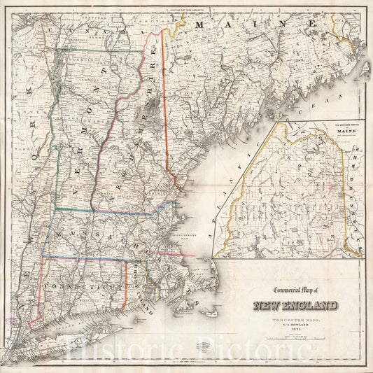 Historical Map, 1871 Commercial map of New England, Vintage Wall Art