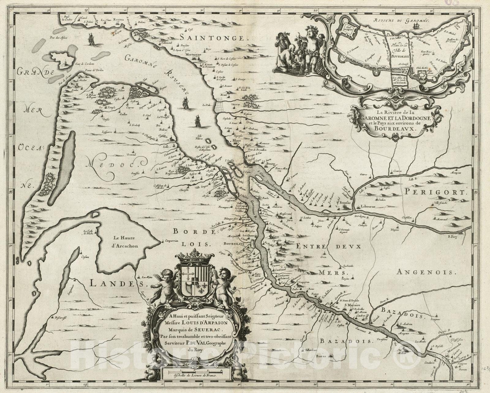 Historical Map, 1675 La Riviere de la Garomne et la Dordogne et le Pays aux Environs de Bordeaux, Vintage Wall Art