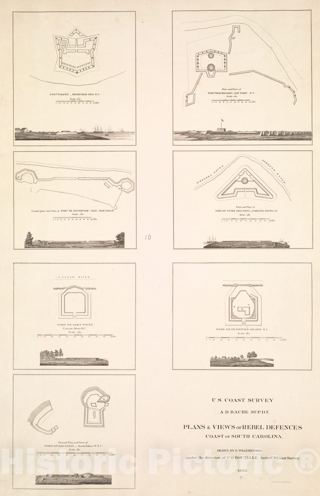 Historical Map, 1862 Plans & Views of Rebel defences, Coast of South Carolina, Vintage Wall Art