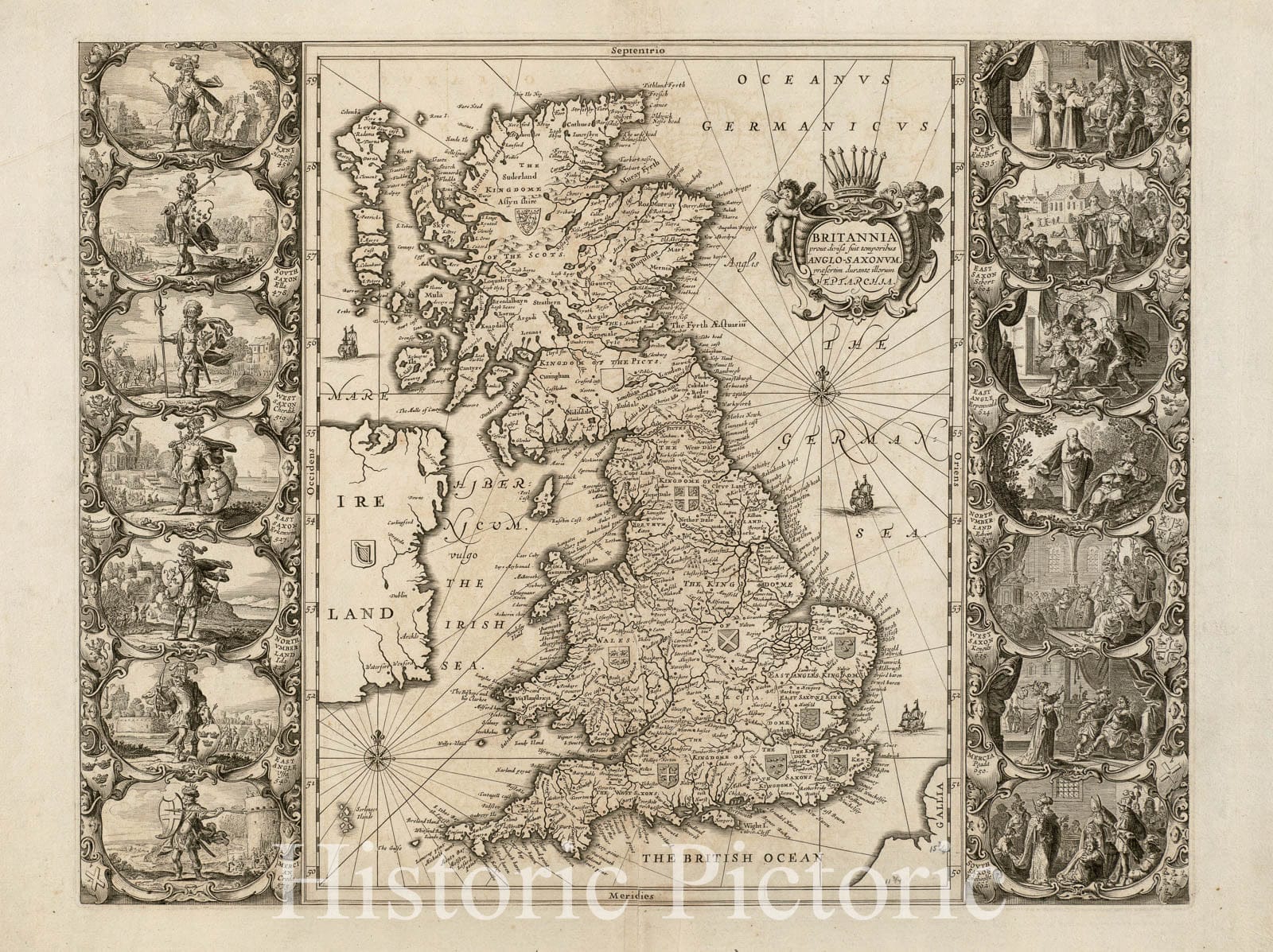 Historical Map, 1646-1680 Britannia prout divisa Suit temporibus Anglo-Saxonum praesertim Durante illorum heptarchia, Vintage Wall Art