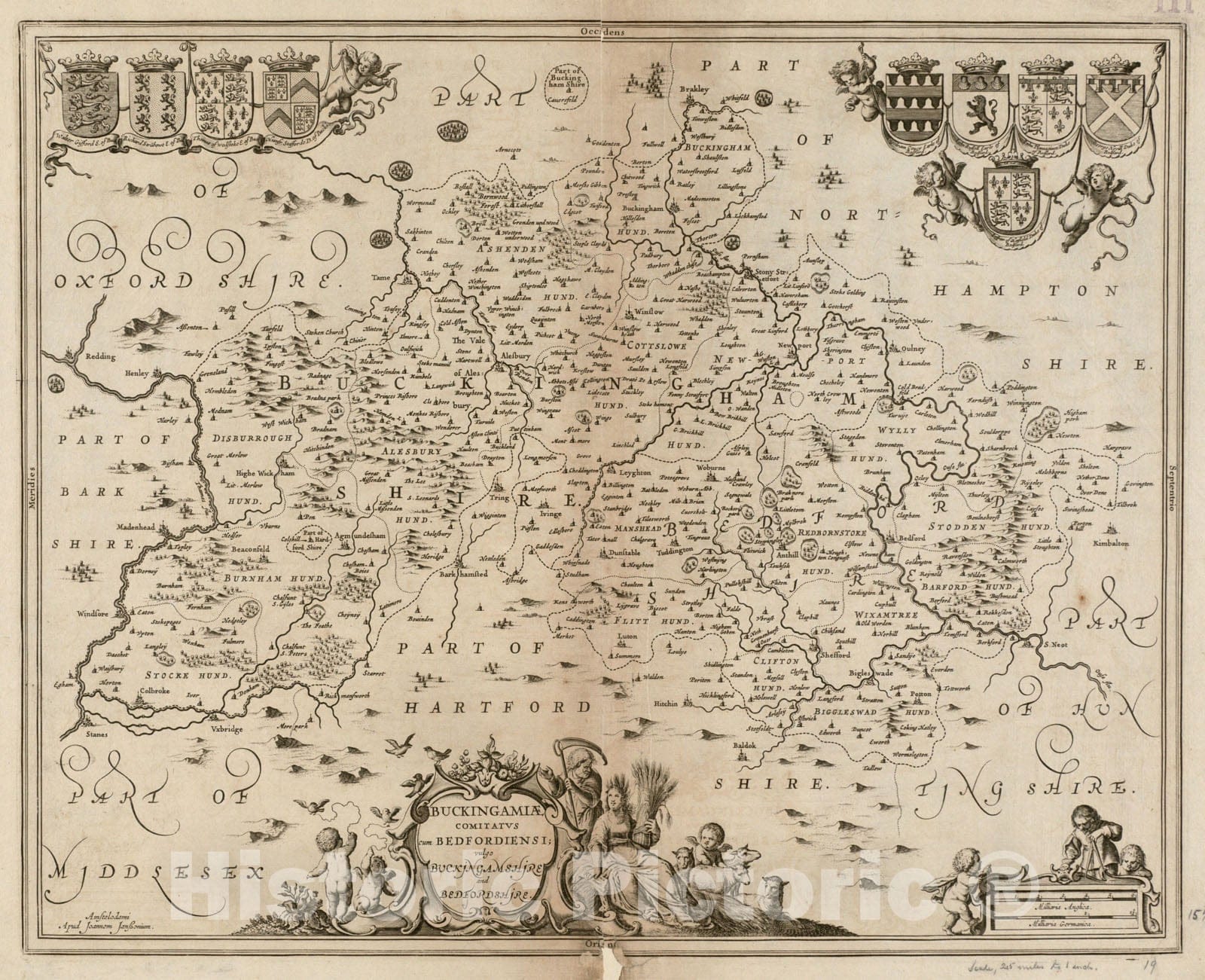 Historical Map, 1646-1680 Buckingamiae Comitatus Cum Bedfordiensi : vulgo Buckingamshire and Bedfordshire, Vintage Wall Art