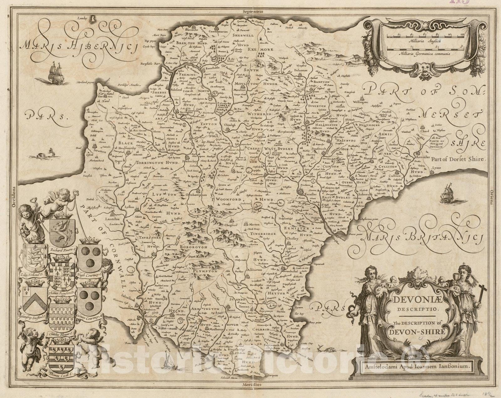 Historical Map, 1646-1680 Devoniae descriptio : The Description of Devonshire, Vintage Wall Art