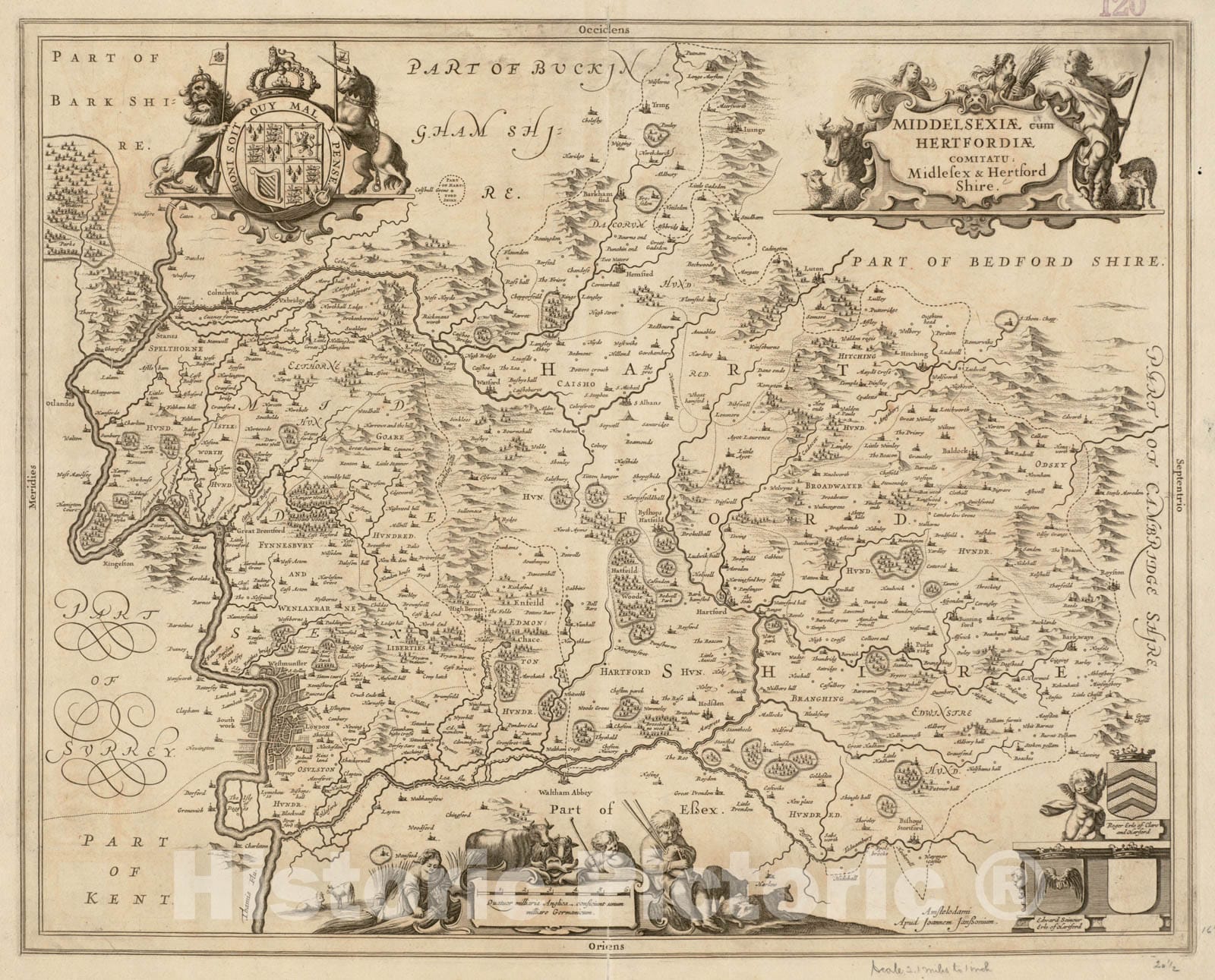 Historical Map, 1646-1680 Middelsexiae Cum Hertfordiae comitatu : Midlesex & Hertford Shire, Vintage Wall Art