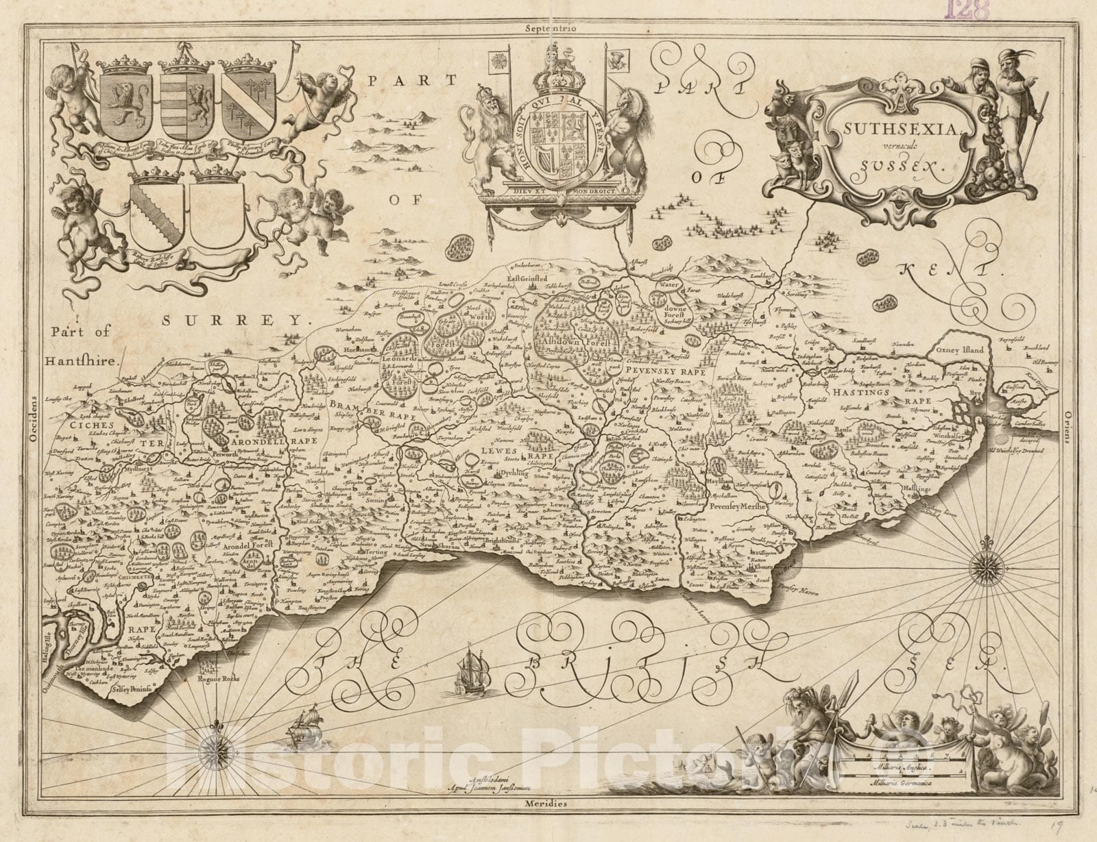 Historical Map, 1646-1680 Suthsexia : vernacule Sussex, Vintage Wall Art
