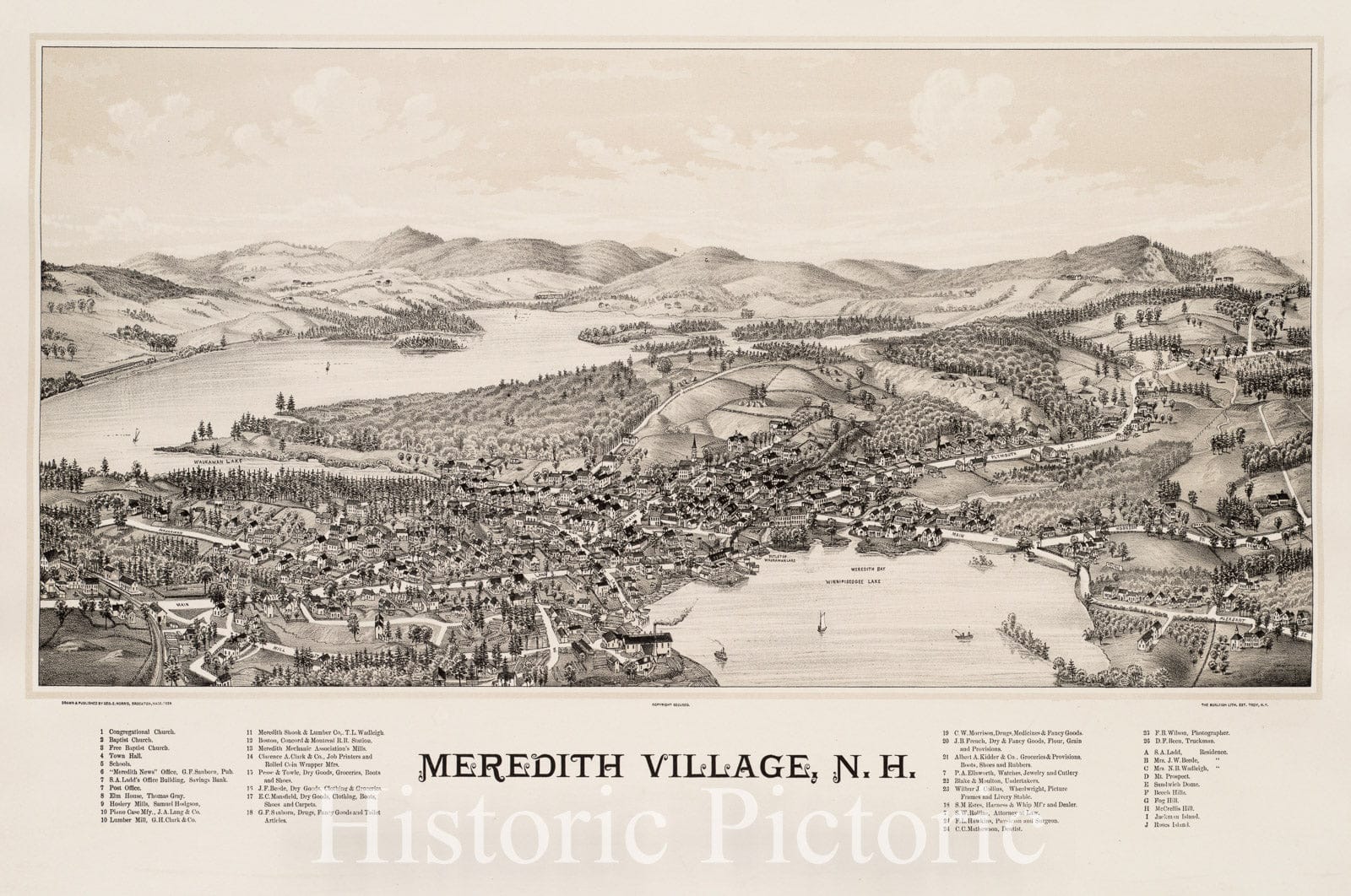 Historical Map, 1889 Meredith Village, N.H, Vintage Wall Art
