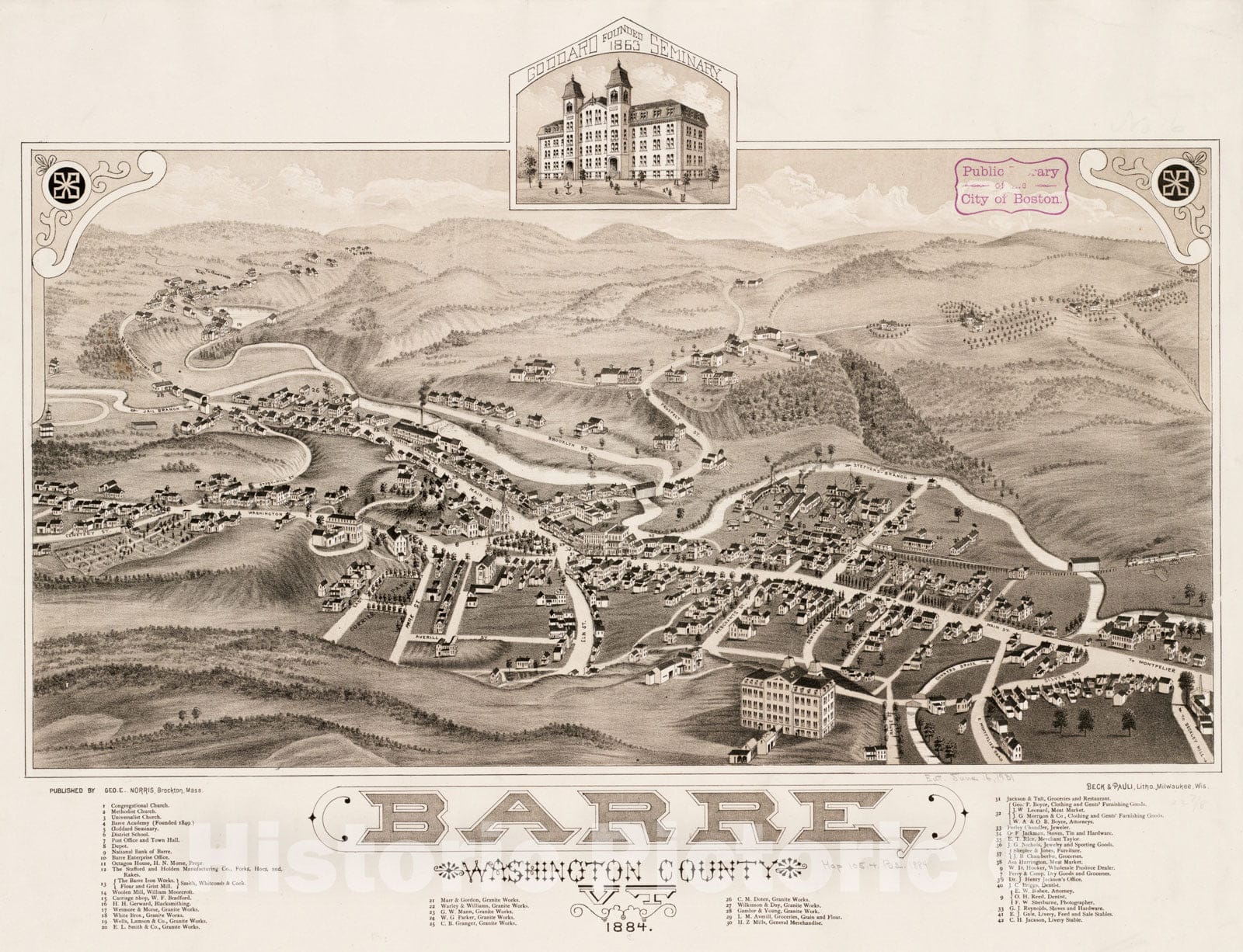 Historical Map, Barre, Washington County, Vt : 1884, Vintage Wall Art