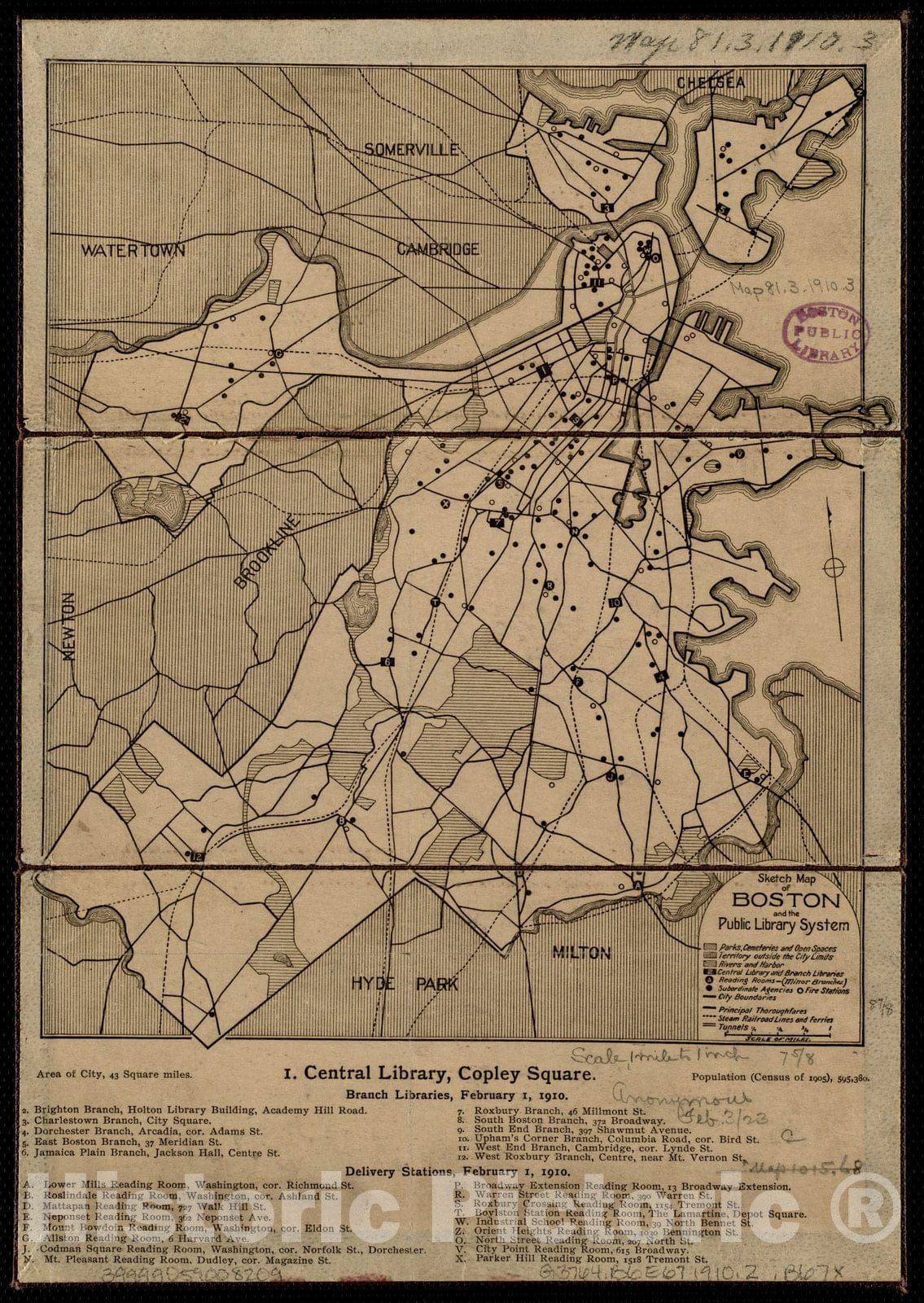 Historical Map, 1910 Sketch map of Boston and The Public Library System, Vintage Wall Art