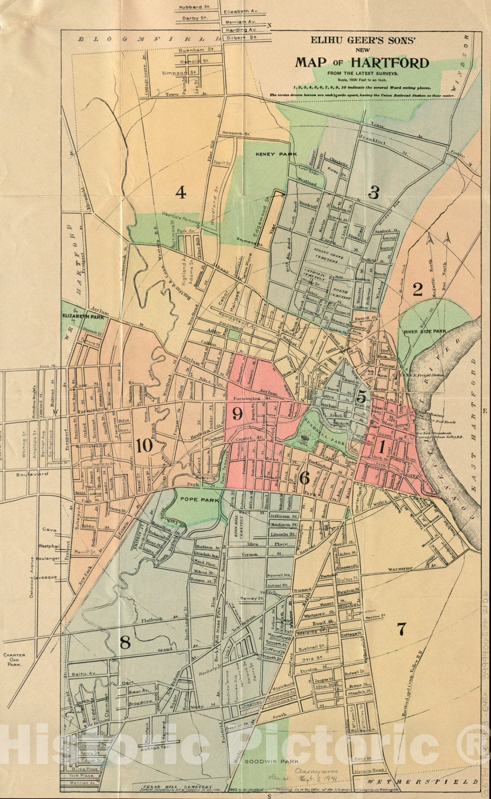 Historical Map, 1903 Elihu Geer's sons' New map of Hartford from The Latest surveys, Vintage Wall Art