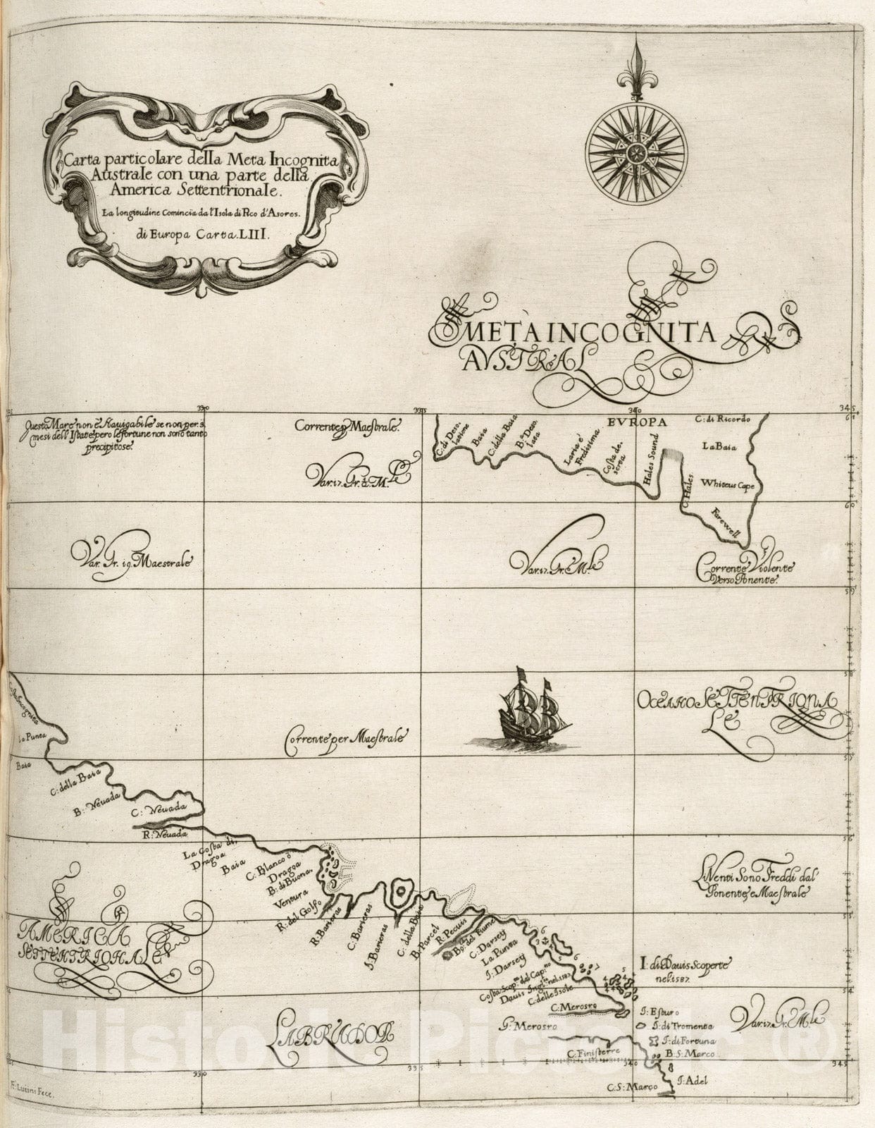 Historical Map, 1647 Carta particolare Della Meta Incognita Australe con UNA Parte Della America Settentrionale, Vintage Wall Art
