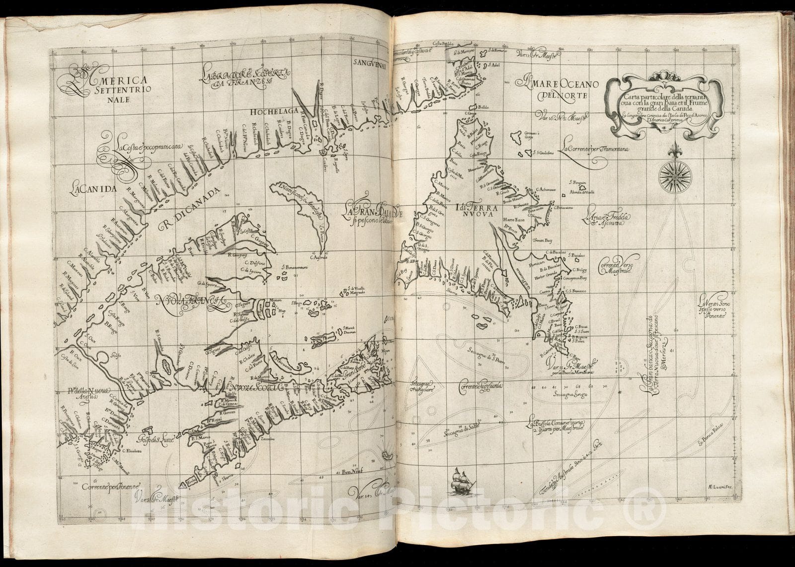 Historical Map, 1647 Carta particolare Della Terra nuoua con la Gran Baia et il Fiume Grande Della Canida, Vintage Wall Art