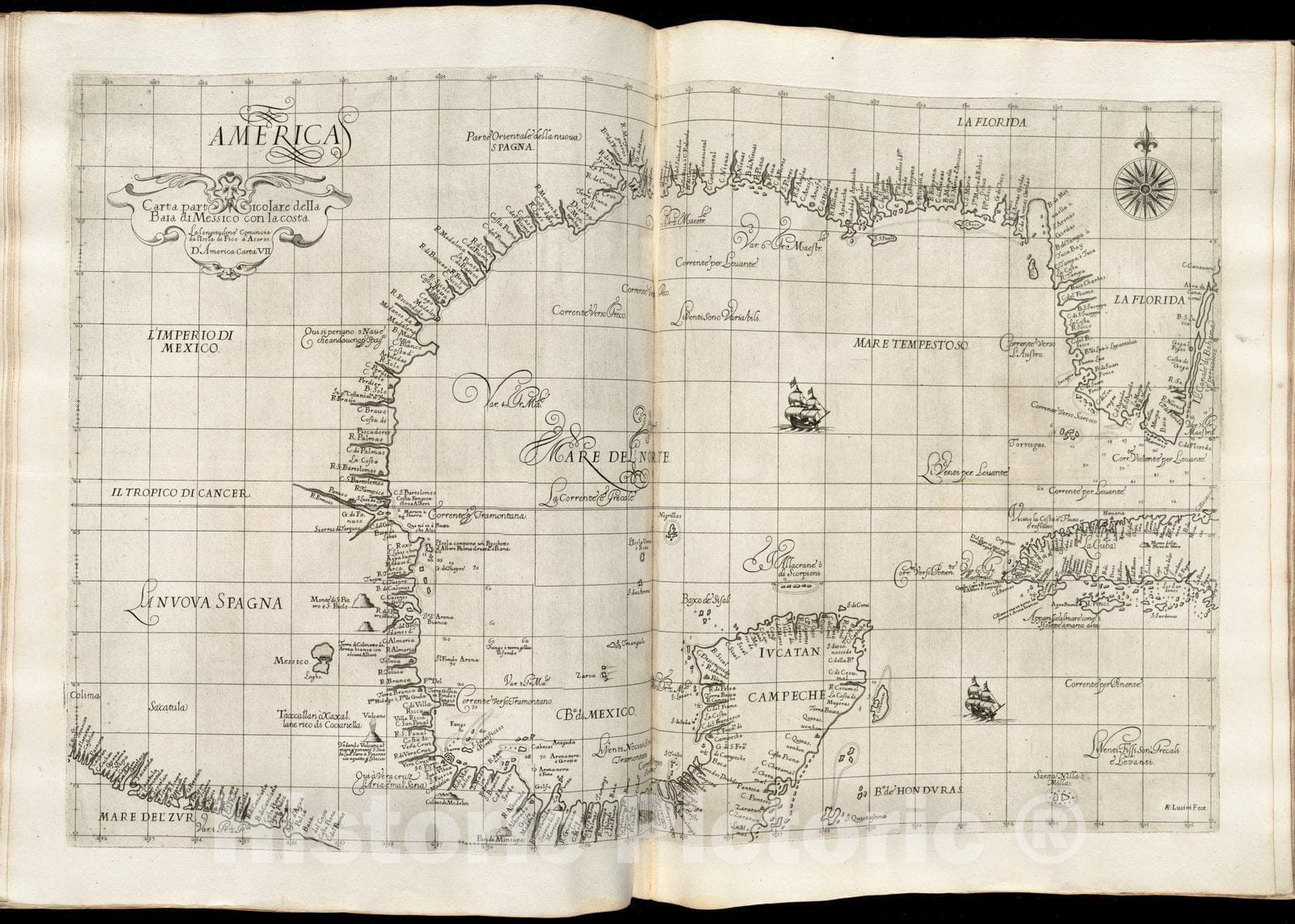 Historical Map, 1647 Carta particolare Della Baia di Messico con la Costa, Vintage Wall Art
