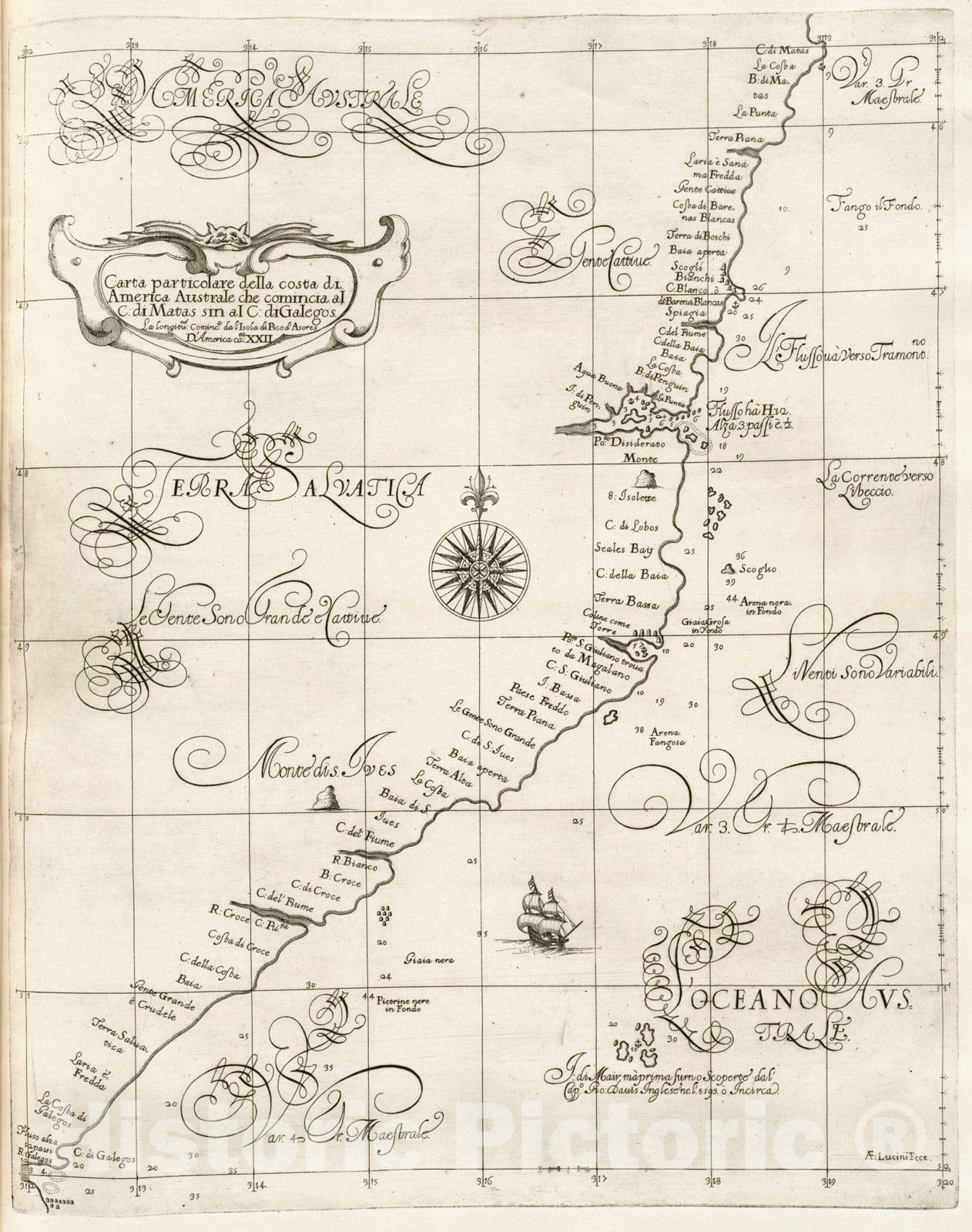 Historical Map, 1647 Carta particolare della costa di America Australe che comincia al C. di Matas sin al C. di Galegos, Vintage Wall Art