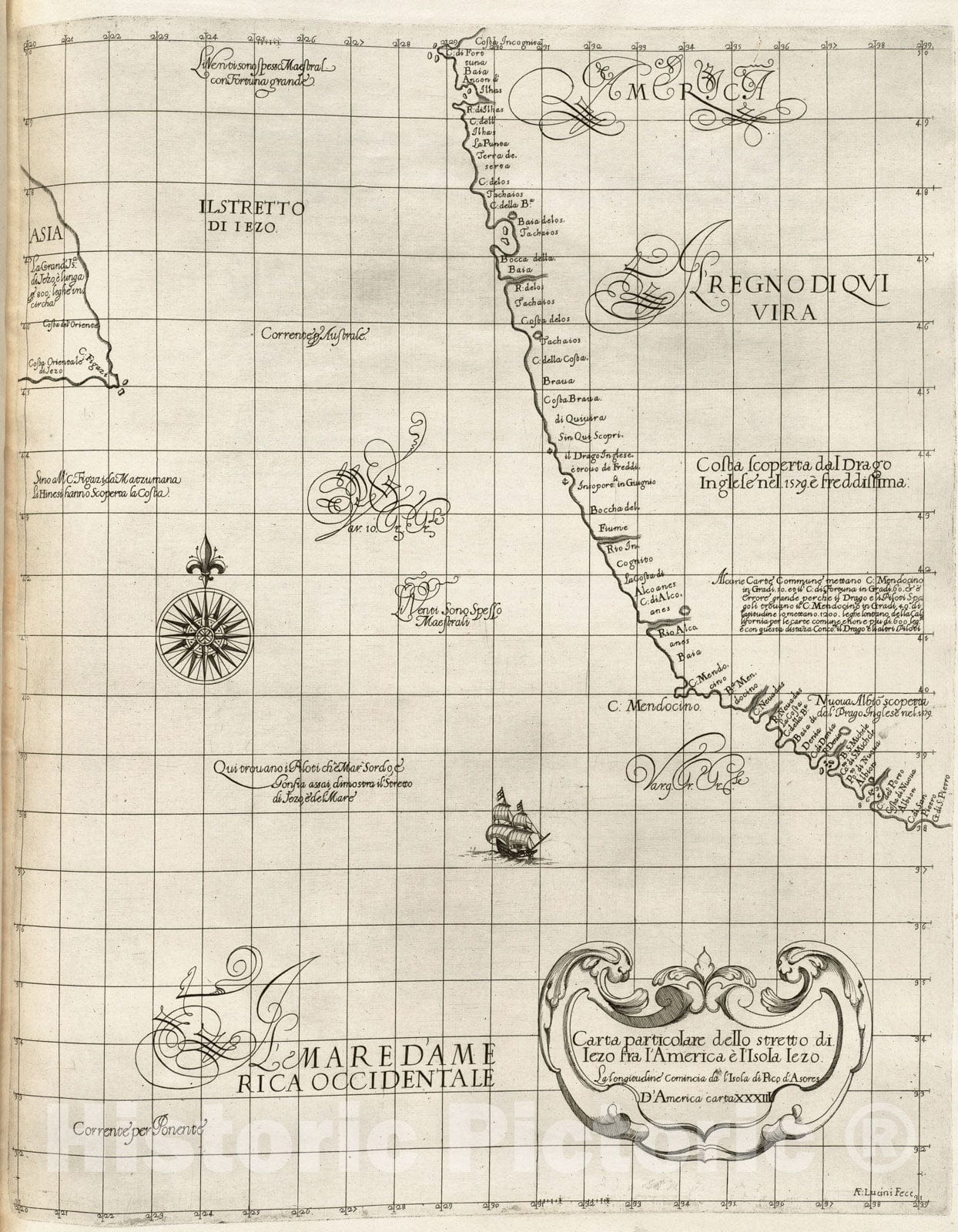 Historical Map, 1647 Carta particolare dello stretto di Iezo fra l'America eI' l'isola Iezo, Vintage Wall Art