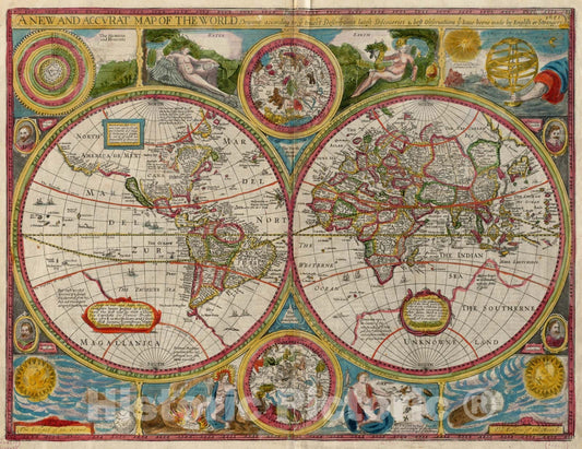 Historical Map, A New and accurat map of The World : drawne According to ye Truest descriptions Latest Discoveries & Best observations Have beene Made by English, 1651, Vintage Wall Art